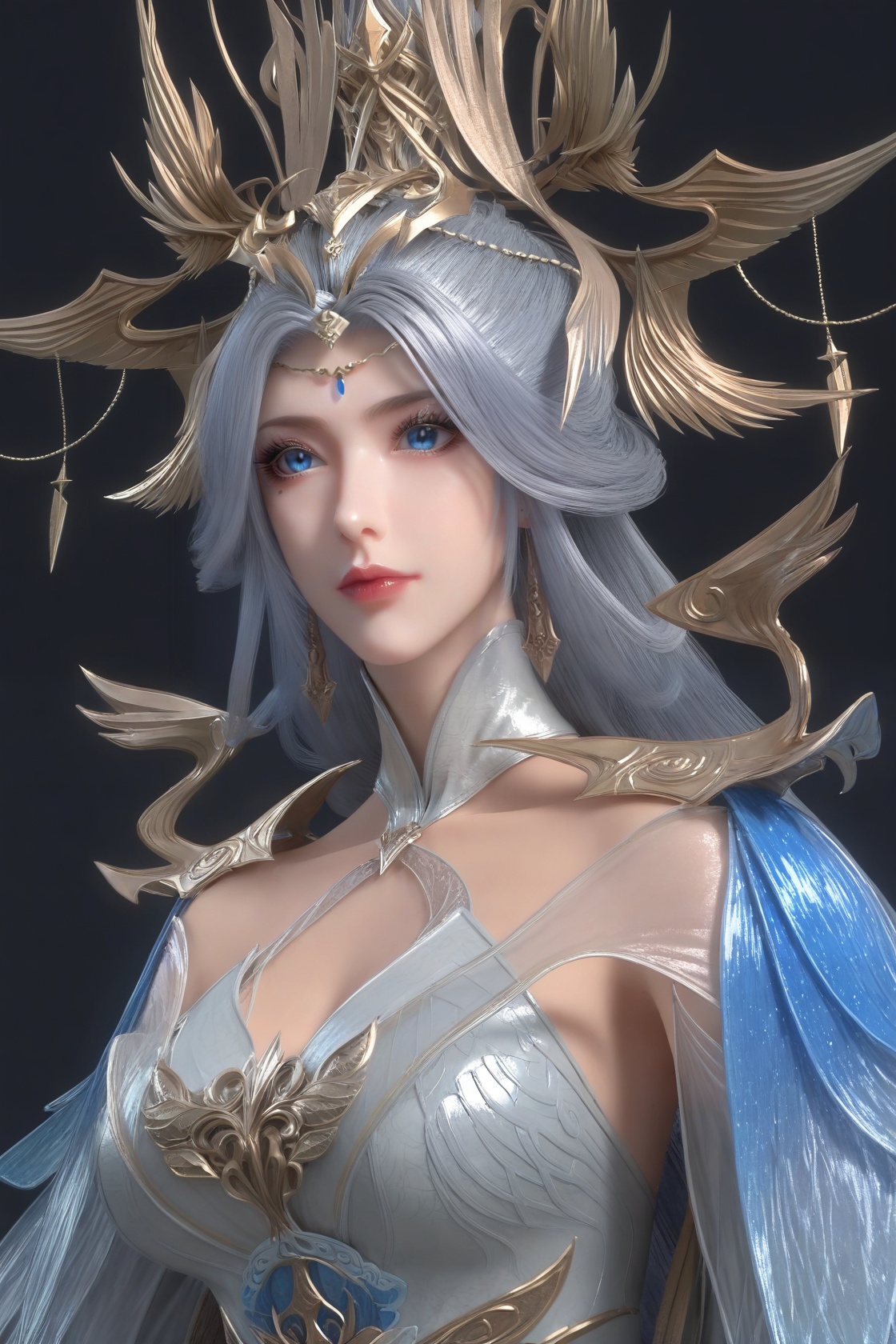(score_9),<lora:宁雨蝶-apony:0.83>,nyd,(mature_female:1.1),solo,hair ornament,tiara,long hair,hair bun,mole under eye,shoulder guard,high collar,detached collar,detached sleeves,dress,circlet,jewelry,dangle earrings,long dress,<lora:perfect eyes_v1:0.8>,blue eyes,front view,bright pupils,<lora:Expressive_H-000001:0.8>,upper body,double v,glamor,collarbone,pointy breasts,puffy breasts,large breasts,simple background,black background,