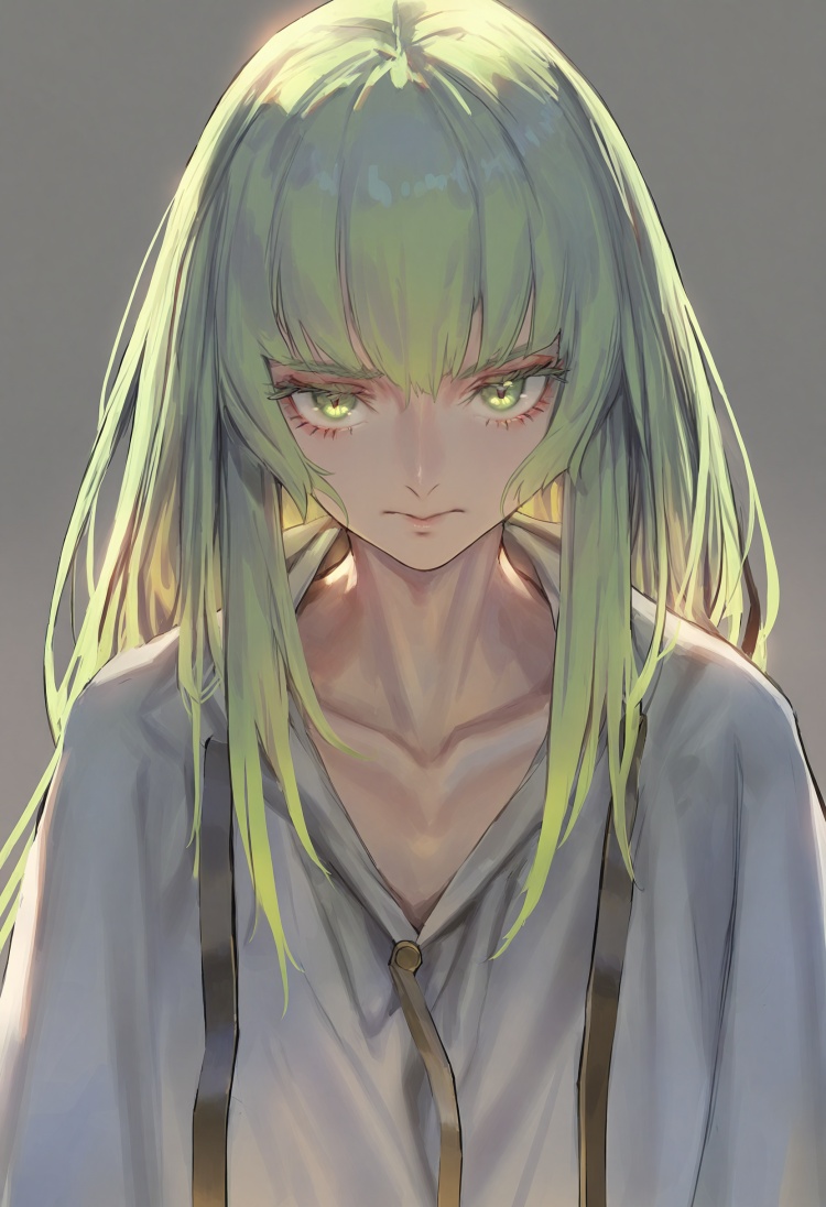 best quality, masterpiece, enkidu \(fate\), solo, green hair, long hair, looking at viewer, robe, green eyes, androgynous, upper body, simple background, closed mouth, grey background, white robe, bangs, 1boy, 1other, male focus  <lora:rsefXLlokr4f-000143:0.95>