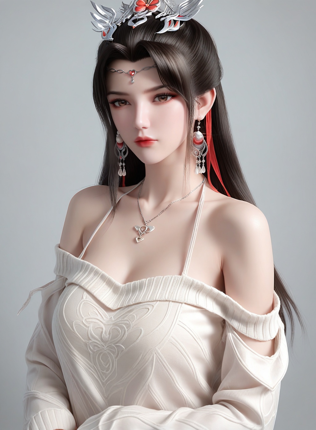 score_9,score_8_up,score_7_up,1girl,solo,jewelry,necklace,long hair,looking at viewer,sweater,realistic,simple background,off shoulder,off-shoulder sweater,bare shoulders,upper body,lips,heart,collarbone,closed mouth,white sweater,<lora:wy_liumei_XL7.0:0.8>,black hair,brown eyes,hair_ornament,