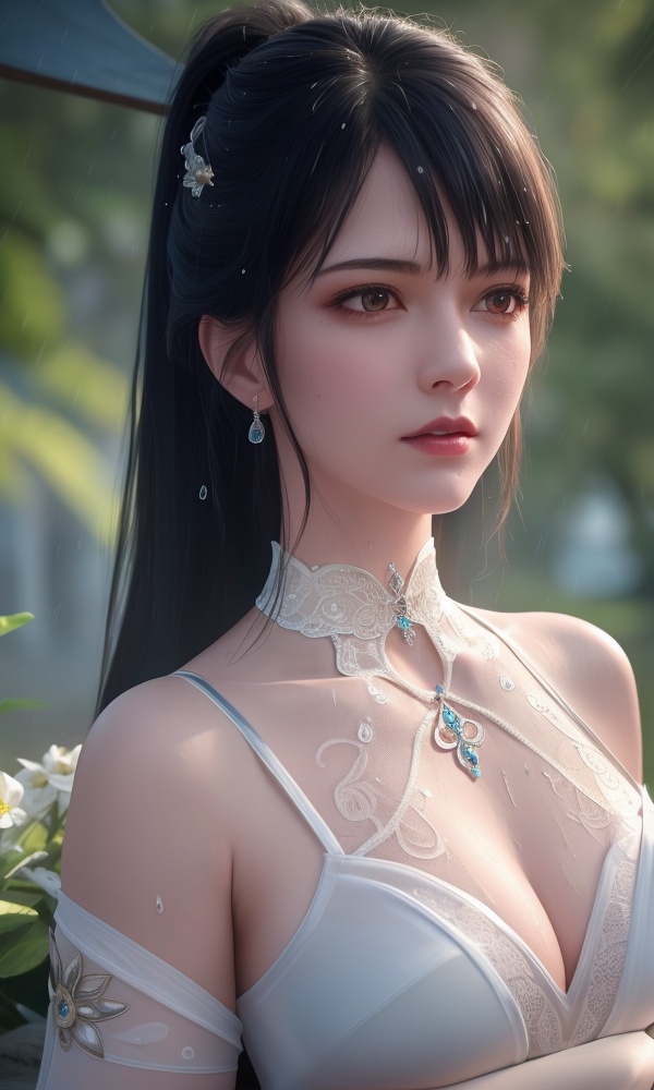 <lora:418-DA-百炼成神-莫雨馨:0.8> ,(,1girl, ,best quality, ),looking at viewer, ,ultra detailed 8k cg, ultra detailed background,  ultra realistic 8k cg,          cinematic lighting, cinematic bloom, (( , )),,  , unreal, science fiction,  luxury, jewelry, diamond, pearl, gem, sapphire, ruby, emerald, intricate detail, delicate pattern, charming, alluring, seductive, erotic, enchanting, hair ornament, necklace, earrings, bracelet, armlet,halo,masterpiece, (( , )),, realistic,science fiction,mole, ,cherry blossoms,(((, , ultra high res, (photorealistic:1.4), raw photo, 1girl, wet clothes, rain, sweat, ,wet, )))(( , ))   (cleavage), (), 1girl, , , depth_of_field, solo, , ,