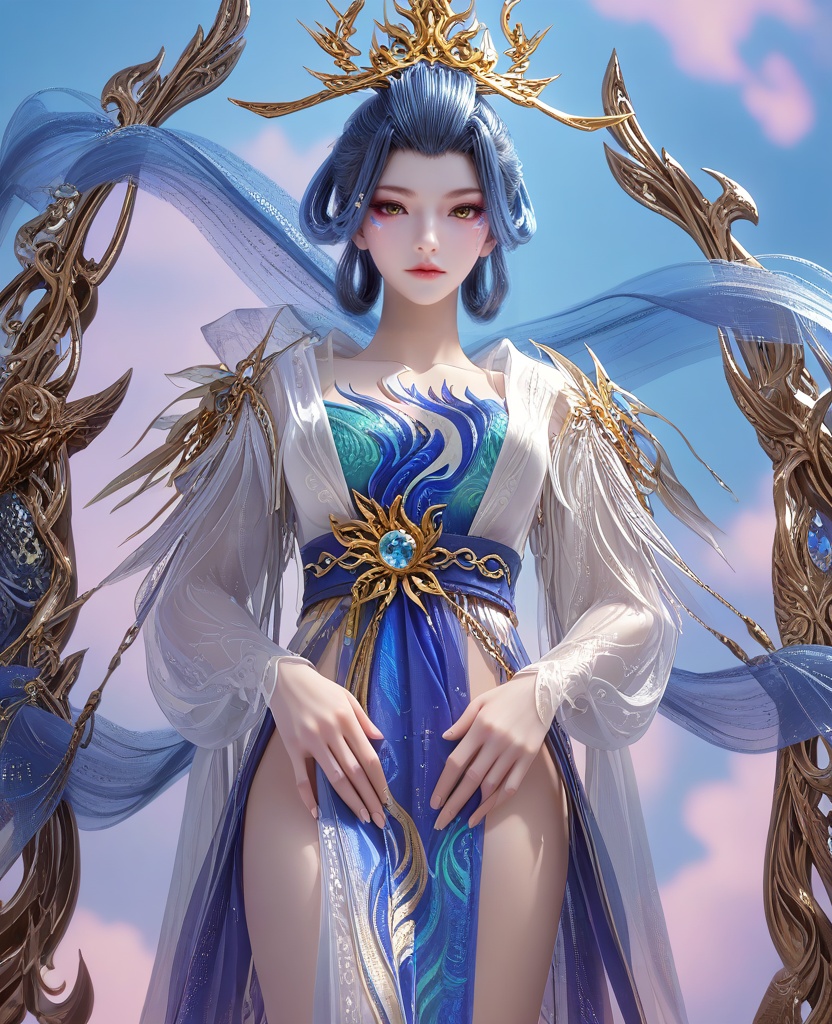 (Arching her back, hands trailing up her thighs, she captures the essence of allure and tempting beauty:1.1),(large breasts:1.2),<lora:XL16云深不知梦烛照神女:0.95>,miss zhuzhao,white hanfu coat over blue base dress,hagoromo,yellow eyes,eyelashes,facial mark,blue hair,looped bun with tresses,hair ornament,jewelry,elbow gloves,, score_9,score_8_up,score_7_up,score_6_up,score_5_up,score_4_up,3d rendering,tag1,tag2, Cinematic Lighting,backlighting,
