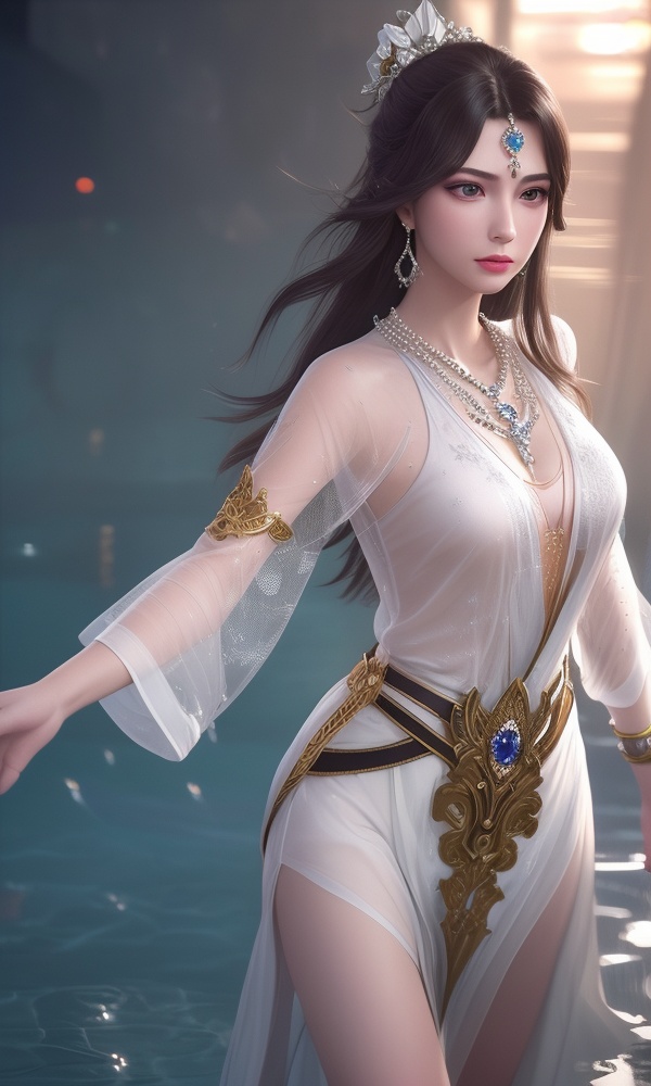 (,1girl, ,best quality, ),looking at viewer, <lora:373-DA-仙逆-周紫虹:0.8> ,ultra detailed background,ultra detailed background,ultra realistic 8k cg,, ,masterpiece,((((1girl, solo,  , solo focus, ,walking on liquid, ))))    (()), (), ,ultra realistic 8k cg, flawless, clean, masterpiece, professional artwork, famous artwork, cinematic lighting, cinematic bloom, , (( , )),, dreamlike, unreal, science fiction, luxury, jewelry, diamond, gold, pearl, gem, sapphire, ruby, emerald, intricate detail, delicate pattern, charming, alluring, seductive, erotic, enchanting, hair ornament, necklace, earrings, bracelet, armlet,see-through sleeves, ,