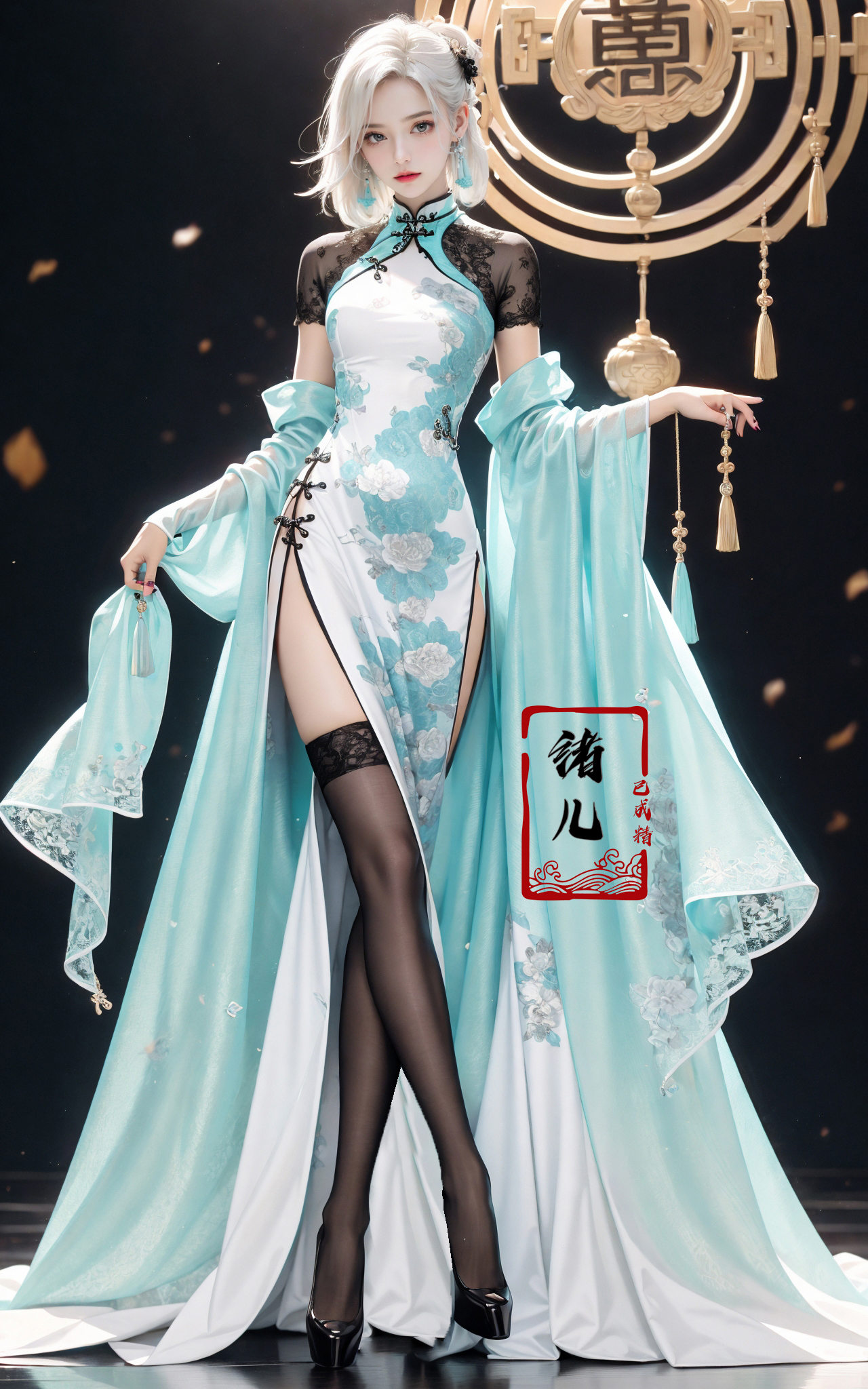 Black background,  Fashion cheongsam,  nail polish on Tensor.Art