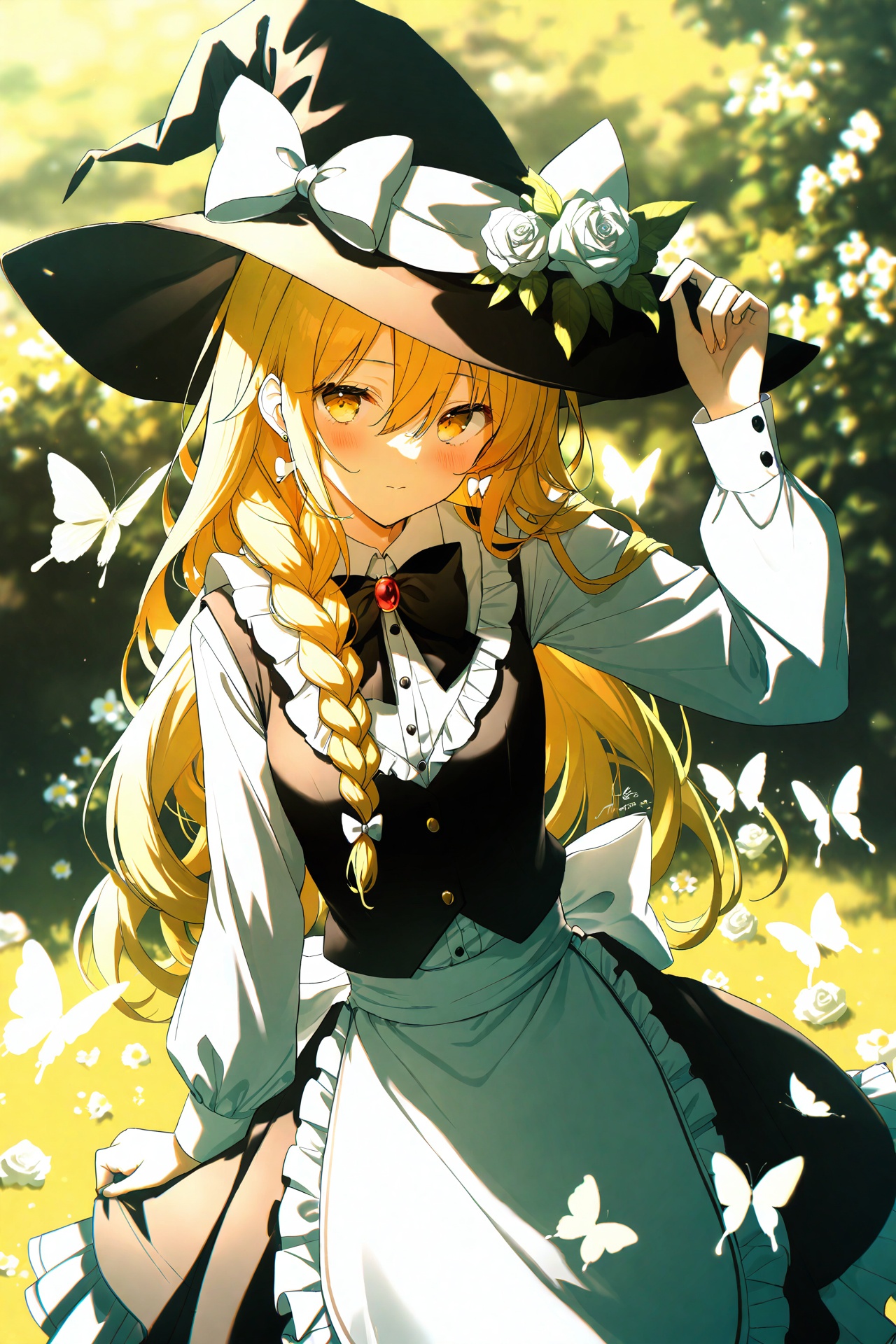 masterpiece,best quality,illustration,ultra detailed,hdr,Depth of field,(colorful),Artist ame929,1girl,hat,kirisame marisa,blonde hair,solo,yellow eyes,bug,witch hat,butterfly,long hair,braid,bow,flower,apron,black headwear,single braid,long sleeves,hair ornament,earrings,jewelry,white bow,hair flower,shirt,white shirt,closed mouth,hair between eyes,waist apron,white apron,black bow,white flower,hat bow,black skirt,blush,bowtie,skirt,black bowtie,looking at viewer,rose,hair bow,vest,black vest,frills,signature,buttons,hand on headwear,