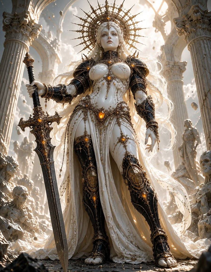 full body divine warrior queen standing in the middle of a shattered celestial battlefield,  her elegant porcelain feature...