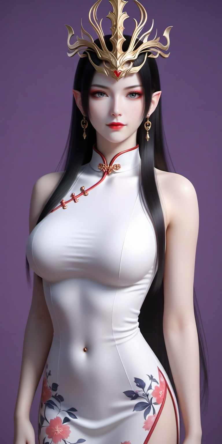 score_9,score_8_up,score_7_up,source_anime,Close-up details,realistic style photo young woman,red eyeshadow,red lipstick,long hair,black hair,earrings,pointy ears,grey eyes,crown,<lora:美杜莎女王0.0741:0.6>,meidusha,1girl,earrings,solo,jewelry,looking at viewer,breasts,dress,purple background,upper body,chinese clothes,sleeveless,closed mouth,simple background,lips,bare shoulders,china dress,white dress,straight hair,large breasts,4,whirls of vapor,iridescent textures,(Anime:1.1),soft neon light,ethereal ambiance,delicate details,magical atmosphere,concept art,highly detailed,ultra-high resolution,32K UHD,sharp focus,best-quality,masterpiece,golden hour,unconventional supreme masterpiece,masterful details,temperate atmosphere,with a high-end texture,in the style of fashion photography,cover,Dynamic Angle,Dynamic posture,cover,Dynamic Angle,Dynamic posture,Printed cheongsam,A shot with tension,(Visual impact,giving the poster a dynamic and visually striking appearance:1.2),impactful picture,(masterpiece, best quality:1.2),offcial art,colorful,splash of color,movie perspective,advertising style,