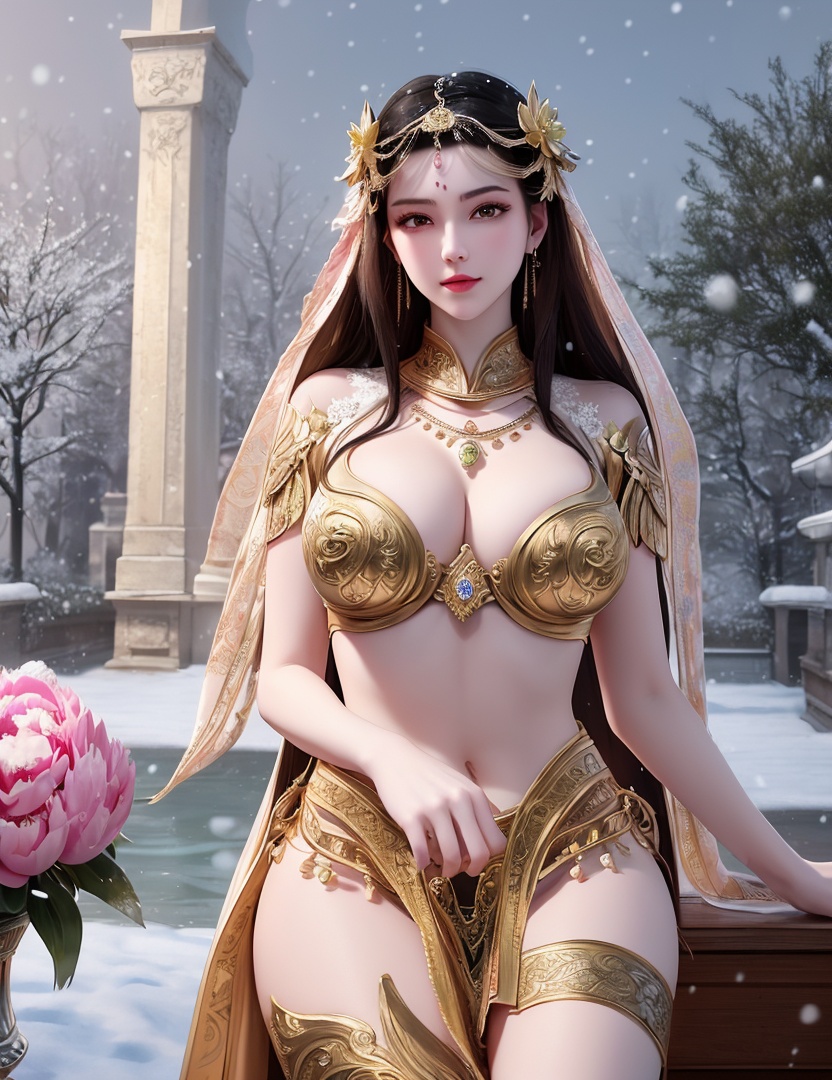 ultra realistic 8k cg, picture-perfect face, flawless, clean, masterpiece, professional artwork, famous artwork, cinematic lighting, cinematic bloom, perfect face, beautiful face, fantasy, dreamlike, unreal, science fiction,   lace, lace trim, lace-trimmed legwear, luxury, jewelry, diamond, gold, pearl, gem, sapphire, ruby, emerald, intricate detail, delicate pattern, charming, alluring, seductive, erotic, enchanting, hair ornament, necklace, earrings, bracelet, armlet,halo,autumn,((,1girl, pov,))  , ((((1girl, solo,outdoors, large breasts, snow, peony \(flower\),  ))))  <lora:DA_MuQingQing:0.6>