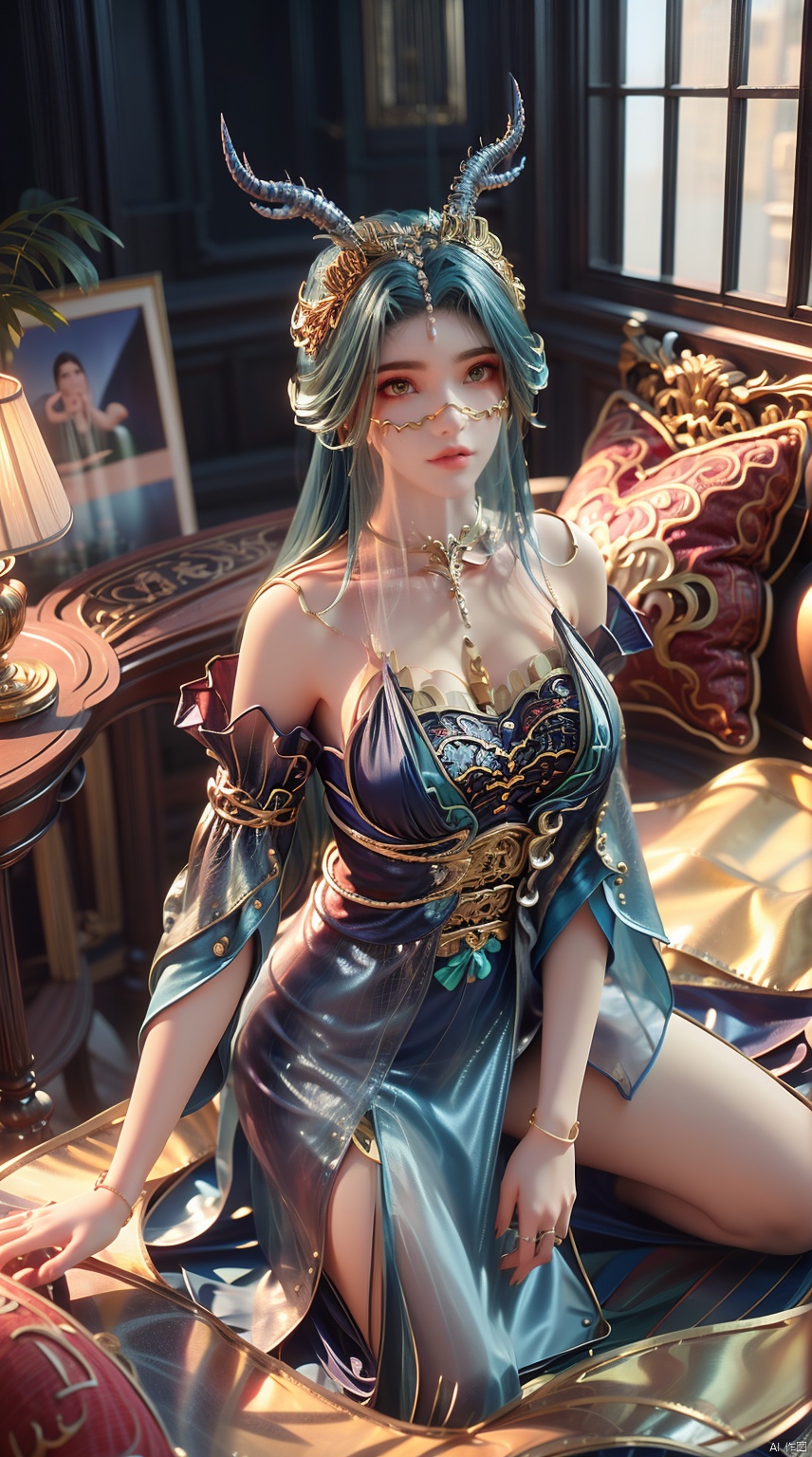 1girl, solo, long hair, looking at viewer, bare shoulders, closed mouth, blue hair, yellow eyes, upper body, horns, blurry, lips, blurry background, veil, realistic, ((poakl)),full-body,Perfectly proportioned,ray tracing,Bare Feet,shiny_skin,oil,Show your long legs,Red high heels,Kneeling,Body lean forward<lora:EMS-410555-EMS:0.800000>, <lora:EMS-346315-EMS:0.700000>