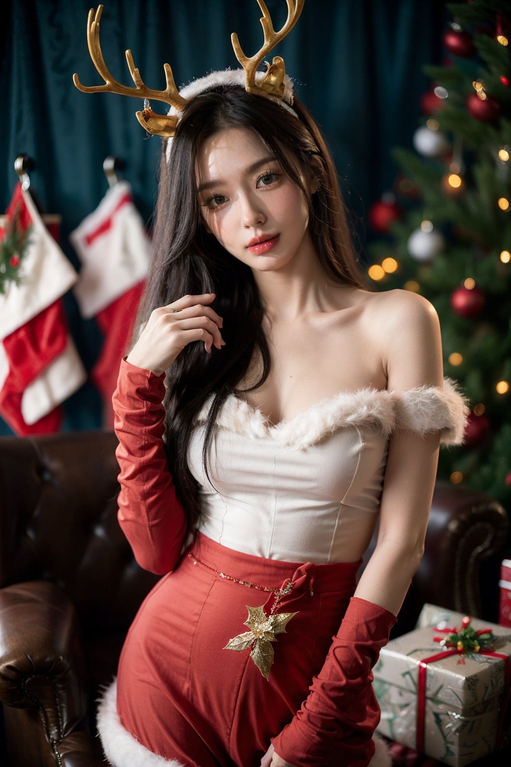 1girl,christmas,bare shoulders,antlers,(cowboy shot close-up),standing,exquisite eyes,night,cityscape,snowing,striped stockings,elegant posture,<lora:Christmas_20231212224057-000008:0.7>,(an extremely delicate and beautiful),(best quality),((masterpiece)),intricate detail,(masterpiece, high quality, best quality),