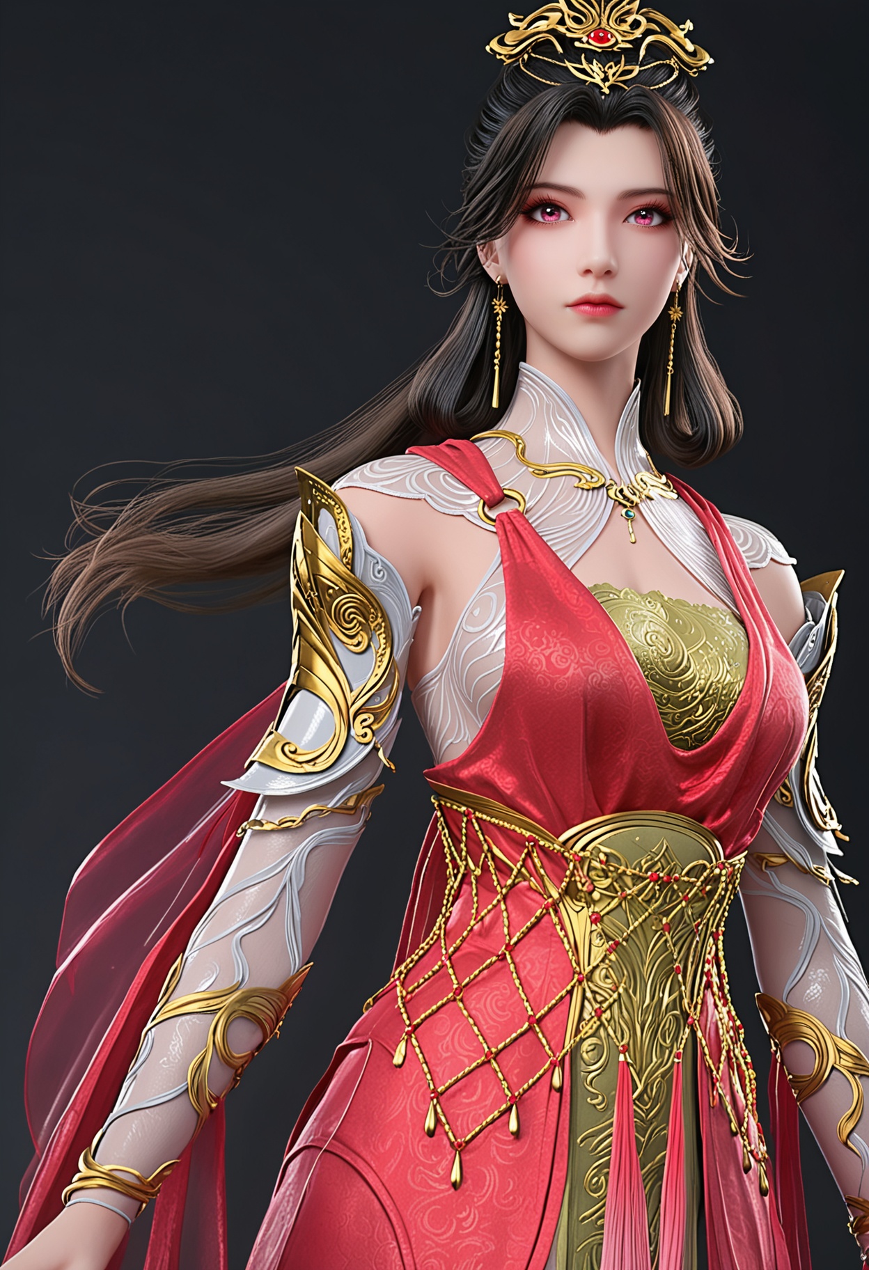 score_9,looking_at_viewer,upper body,large breasts,1girl,solo,long hair,pink eyes,jewelry,earrings,hair ornament,dress,black hair,closed mouth,red dress,brown hair,expressionless,hair bun,realistic,hair rings,high heels,(simple background,pure black background,black background:1.1),perfect_anatomy,<lora:QQSponyzhaolinerV1:0.8>,