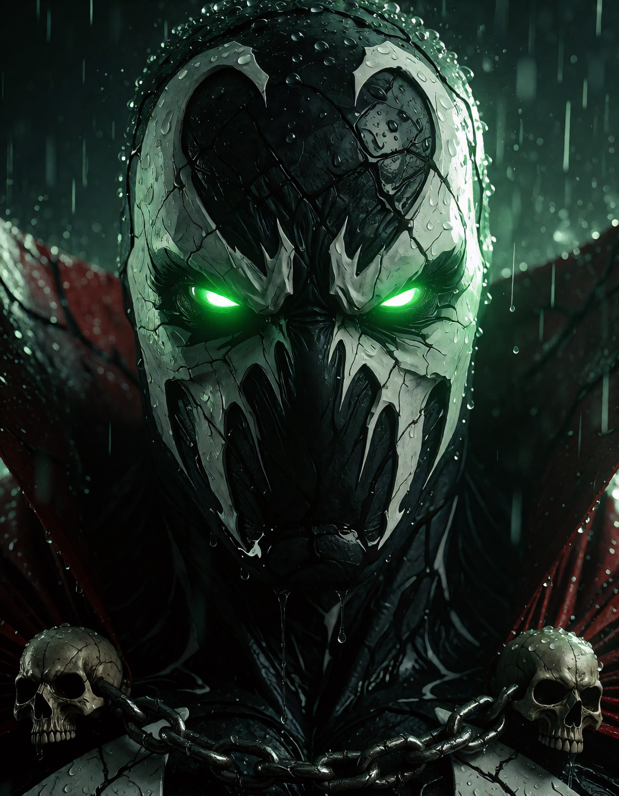mk brutal style,  Comic superhero Spawn fills the frame in a tight frontal stare,  black necroplasm mask cracked and wet w...