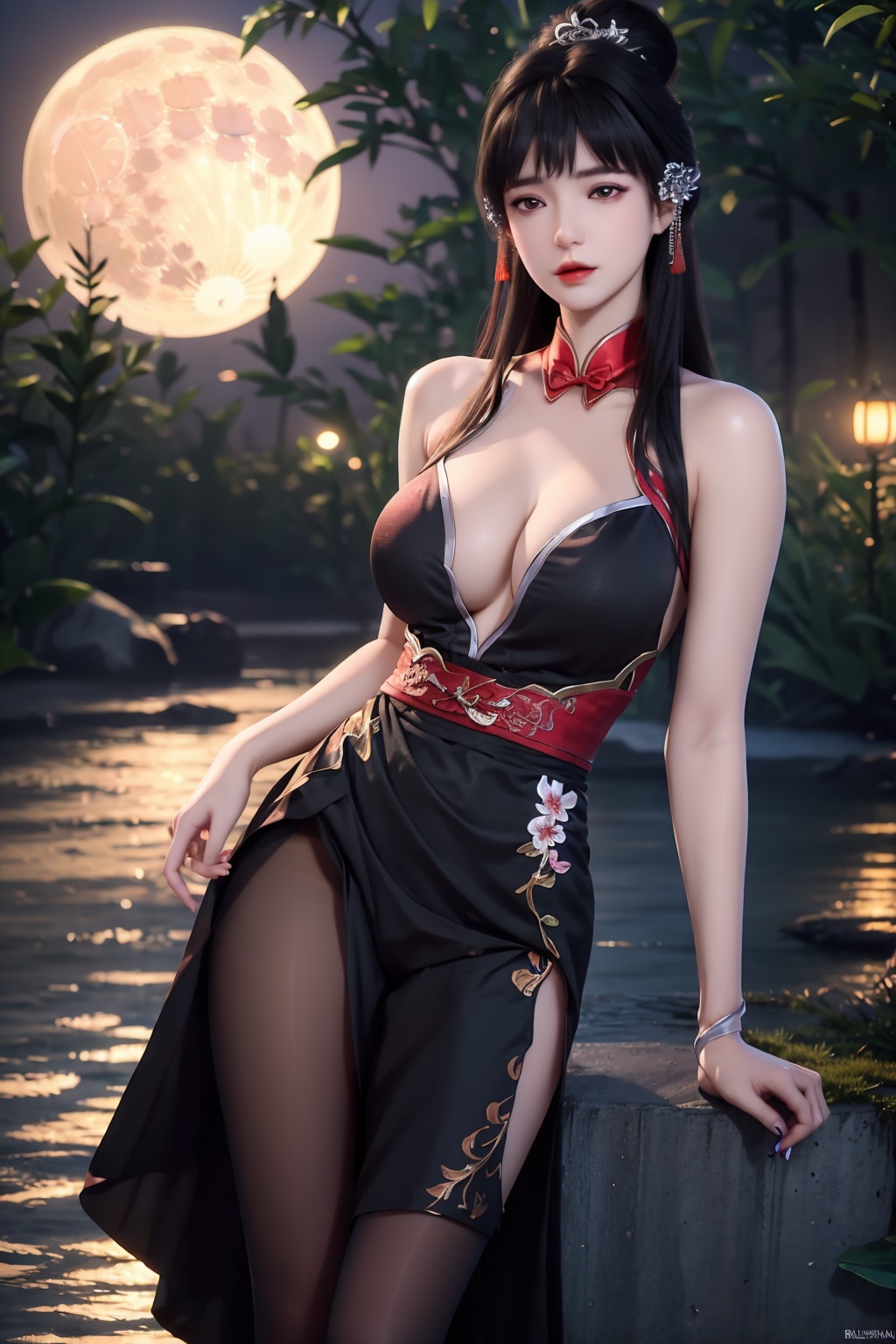 standing,dress,chinese clothes,flower,full_moon,moon,night,lily_pad,lotus,moonlight,nipples,water,night_sky,lily_\(flower\),sky,partially_submerged,1girl,solo,hair ornament,realistic,nail polish,photo_\(medium\),(big breasts, cleavage),makeup,(8k, RAW photo, best quality, masterpiece:1.2),(realistic, photorealistic:1.3),ultra-detailed,extremely detailed cg 8k wallpaper,(crystalstexture skin:1.2),extremely delicate and beautiful,(sexy pose:1.2),chinese dress,facial mark,black pantyhose,