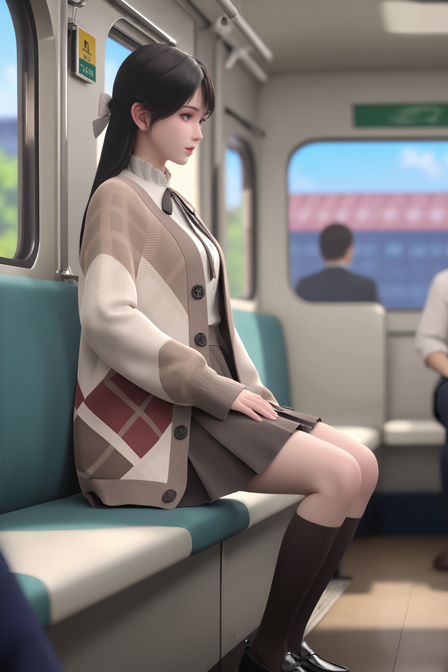 solo,1girl,solo focus,(perfect_anatomy:1.1),(upper_body:1.2),sitting,(train_interior),(blurry_background:1.2),score_9,<lora:金蚕往事-小美:0.7>,1girl,long,straight black hair,bangs,white blouse,high collar,paired loos,grey and beige, geometric plaid pattern cardigan,pleated brown skirt. knee-high black socks and black shoes.,