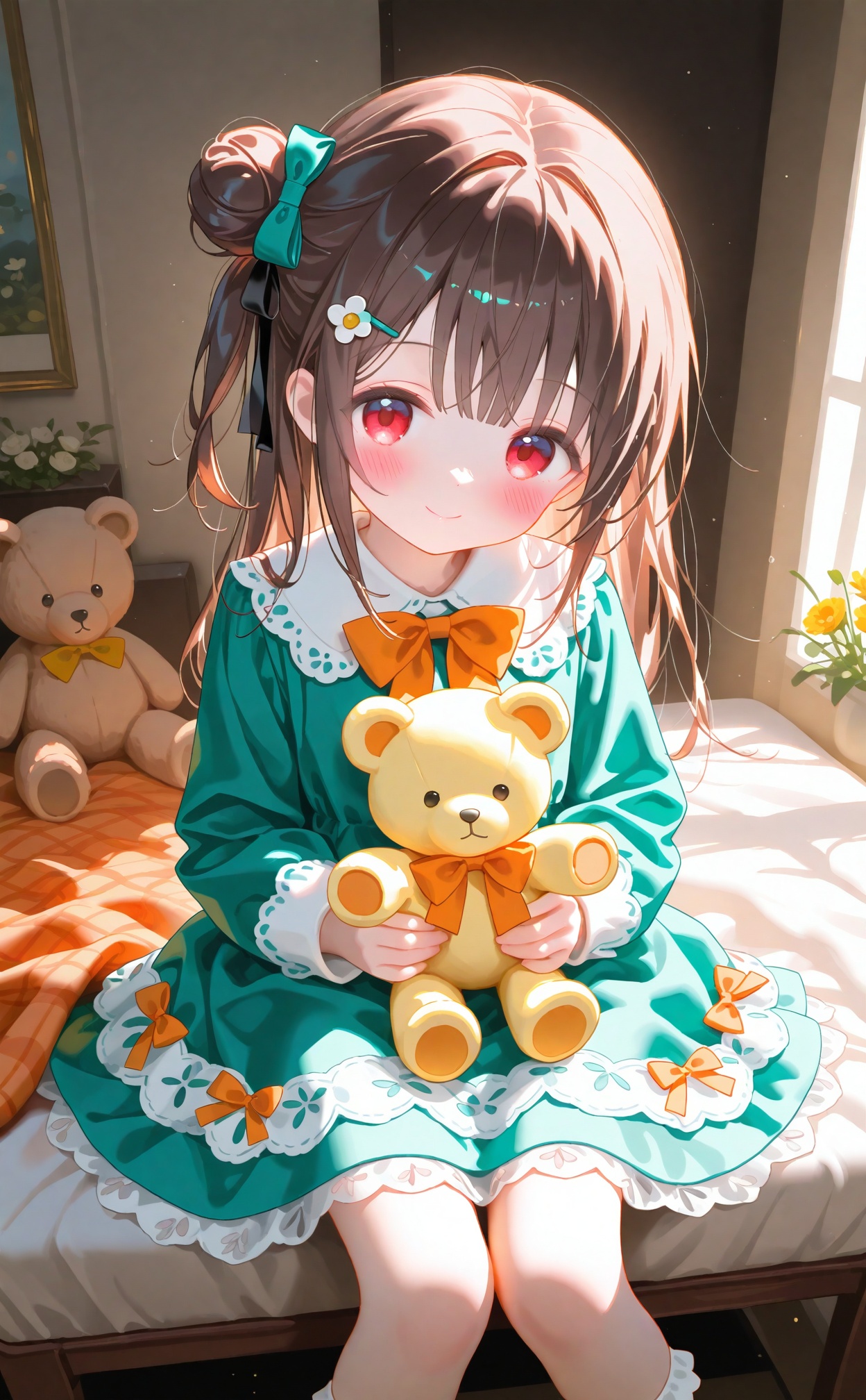 1girl,loli,smile,blush,stuffed animal,stuffed toy,solo,dress,long hair,sitting,looking at viewer,teddy bear,holding stuffed toy,long sleeves,hair ornament,hair bun,bow,green dress,orange bow,plaid,blush,socks,frills,bangs,closed mouth,holding,red eyes,orange bowtie,flower,feet out of frame,ribbon,hair ribbon,single side bun,green bow,brown hair,table,blanket,black ribbon,hairclip,collar,bowtie,
