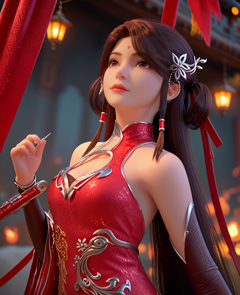 (oriental architecture, elegant decor, sophisticated style:1.1),hurdle race, jumping over camera,(breasts:1.2),<lora:XL完美世界火灵儿旗袍v:0.9>,miss huolinger,solo,china dress,brown hair,hair ornament,long hair,forehead mark,double hair rings,hair tubes,double red cuffs,purple eyes,red hair ribbon,clothing cutout,, zPDXL2, score_9, score_8_up, score_7_up BREAK realistic, masterpiece,best quality, highly detailed,, zPDXL3, zPDXL2,zPDXL, zPDXLxxx, zPDXLrl,