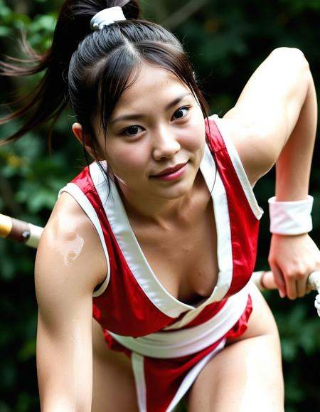 1girl,(asian girl face:.7),(:.3),(japanese girl face:1.1),(Rounded chin,cute face:1.3),(pretty girl:0.1),(straight nose:1.1),(tsurime,slant eyes:1.4),(Slanted eyes:.3),,(thin eyebrows,light eyebrows,short eyebrows,light makeup,natural look:1),(closed-lips:1.3),(naughty face:1.5),,(shiranui mai:1.3) costume,outdoors,detailed background,dynamic action pose,(cowboy shot:1.2),(dynamic angle),(from above angle:.3),HDR photography,depth of field, realistic, photorealistic,(avoiding harsh bright,ultra-realistic skin texture:1.3),(moisten skin,dampened skin,glossy skin,glossy skin face,oiled skin,oiled skin face,glistening skin:1.5),(half body view,knee up shot),high quality,highres,8k, <lora:dmd2 4 steps fix:1>,(Vibrant color saturation:0.3),(day:1.1),( eyebrows:-1),