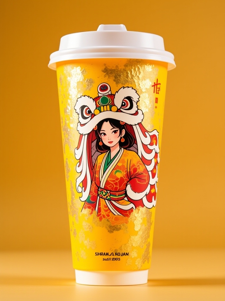mzsas,a Starbucks cup featuring a vibrant, colorful illustration of a Chinese lion dancer on the front. The cup's yellow body contrasts with a gold, glittery pattern. The dancer, a young woman with dark hair and red eyes, wears a traditional lion headpiece. The lid is white, and the text "SHAN A SHAN" and "2025" are visible.<lora:S-T-商业美妆-S1.4:1>