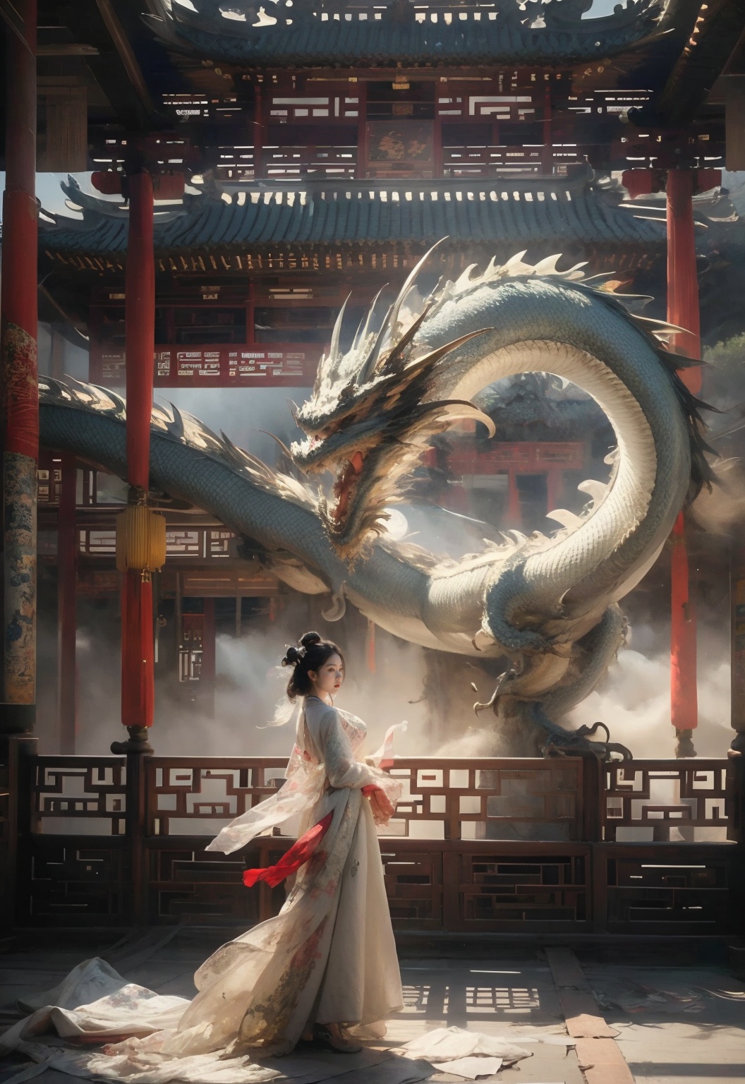 (masterpiece:1.2),best quality,highres,extremely detailed CG,perfect lighting,8k wallpaper,Illustration,ink wash painting,1girl,chinese_clothes,cloud and fog,dragon,<lora:003:0.5>,
