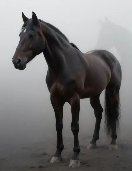 A vertical minimalist photograph captures a black horse standing behind a sheet of milky frosted glass, its muzzle, one bent front knee, and a single lower leg with hoof pressed firmly against the surface—each detail rendered in sharp, hyper-realistic texture:the deep grain of hooves, the subtle ridges of fur along the neck, the crisp shadow of muscle beneath skin. The rest of its body dissolves into a soft, ethereal gray silhouette, where head and ears fade just beyond the glass’s edge, barely visible like ghostly impressions in the diffused light. Set against a clean white background, the image exudes high contrast with even, gentle illumination that emphasizes depth without glare—light falling from above at a precise angle to highlight every microdetail of the horse’s form while blurring the rest into dreamlike abstraction. The frosted glass adds a surreal layer, diffusing ambient light into milky streaks that ripple across the frame like liquid shadow. Rendered in crisp 4K detail with meticulous attention to surface texture—hoof leather, fur density, glass imperfections—the composition balances realism and poetic ambiguity, evoking an otherworldly stillness. The entire scene feels suspended between presence and absence, grounded by tangible form yet elevated into a meditative artistic space where motion is implied but never seen. No distractions, no noise—only the quiet power of a single moment captured in luminous precision.