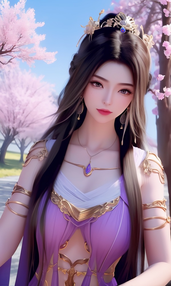 (,1girl, ,best quality, ),looking at viewer, <lora:395-DA-凡人修仙传-紫灵:0.8> ultra detailed background,ultra realistic 8k cg,ultra detailed 8k cg,masterpiece,upper body,  (( , )),, ,science fiction,mole, ultra realistic 8k cg, ,tamari \(flawless\),   ,outdoors, sun,sunlight, cherry blossoms,      (()), (), , jewelry, necklace, solo, , , , hair_ornament, , earrings,large breasts,,  , ,