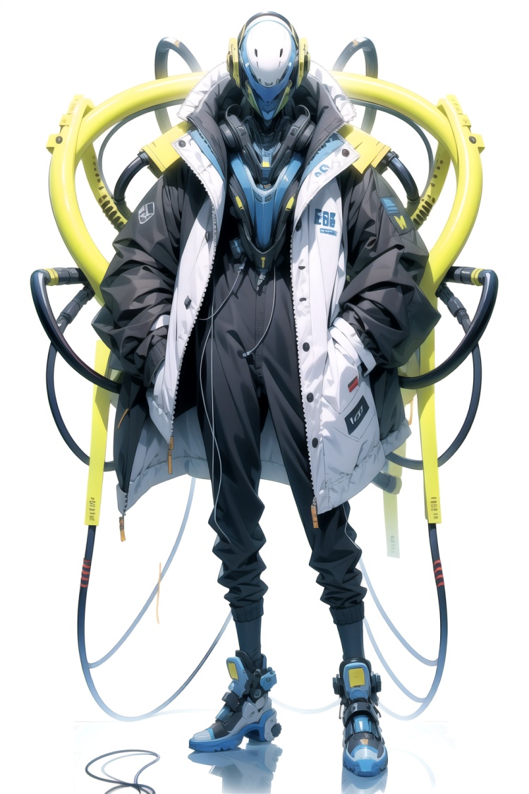 No human, solo, sci-fi, robot, full body side, black blue clothing, black blue pants, black gold cable, cable, tube, jacket, wire