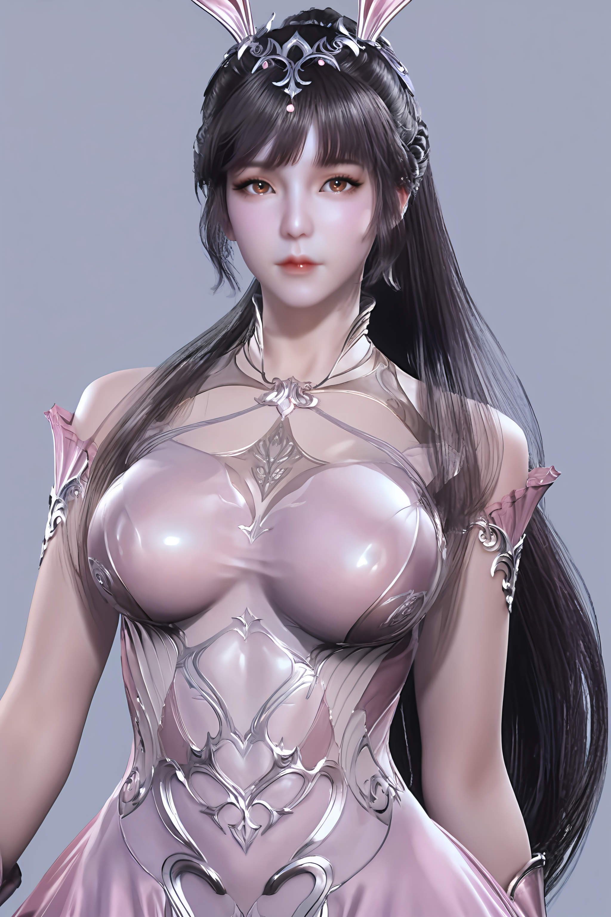score_9,score_8_up,score_7_up,8k,hd,<lora:小舞-ppp:0.86>,xiaowu,1girl,solo,bunny ears,hair ornament,long hair,ponytail,brown eyes,black hair,dress,pink dress,looking at viewer,front view,<lora:SkinRealityOrg_ponyv6_loraplus:0.25>,real skin,<lora:皮肤凹痕:1.2>,female,(mature_female),mature,collarbone,large breasts,curvy,glamor,puffy breasts,pointy_breasts,<lora:e色温:0.5>,(fair_skin),(white_skin),<lora:e肤色滑块:0.5>,body blush,simple background,grey background,