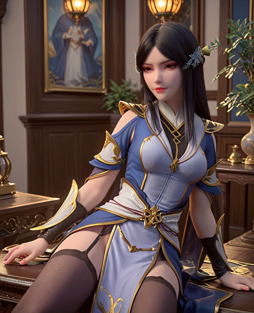 (oriental architecture, elegant decor, sophisticated style:1.1),(Sitting, one leg bent and the other leg extended,:1.1),looking at viewer,(breasts:1.2),<lora:XL斗破苍穹柳菲:0.95>,miss liufei,blue dress,black hair,long hair,hair ornament,hanging hair,parted bangs,brown eyes,makeup,leather sash,lips,wrist cuffs,pelvic curtain,black thighhighs,, score_9,score_8_up,score_7_up,score_6_up,score_5_up,score_4_up,3d rendering,tag1,tag2, Cinematic Lighting,backlighting,, zPDXL3, zPDXL2,zPDXL, zPDXLxxx, zPDXLrl,