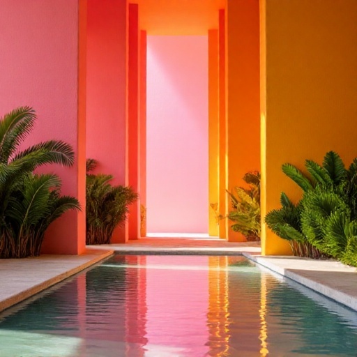 murocolor,  a hotel lobby with tall colored walls in pink and ochre,  a shallow pool of water on the floor by user_9155399...