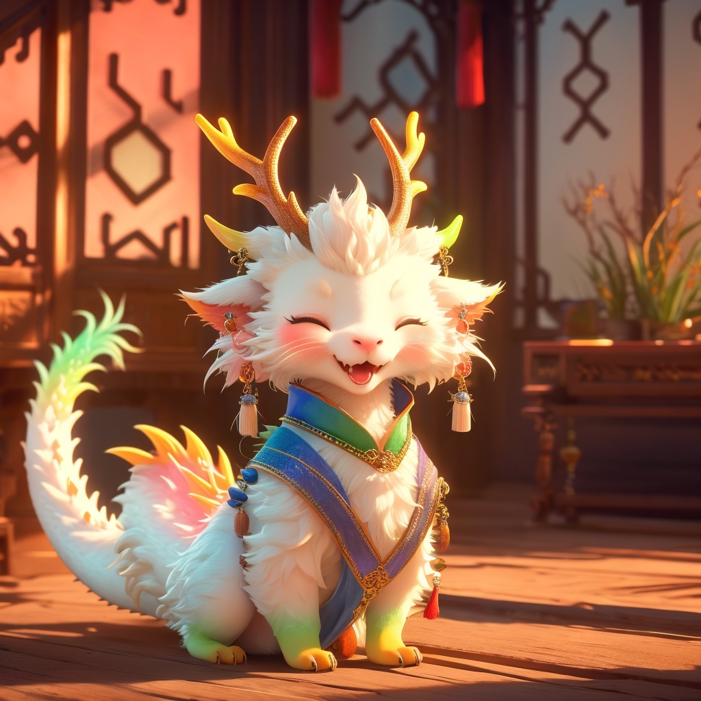 eastern dragon,soft lighting,whimsy and dramatic lighting,warm colors,mf-movie-filter,cc-color-correction,cute,sunset,sunlight,eastern dragon boy,clothed eastern dragon,dragon horns,horns,east asian architecture,no humans,closed eyes,blurry background,solo,fangs,blurry,jewelry,indoors,earrings,tassel,animalization,blush,tail,open mouth,antlers,full body,tassel earrings,whiskers,standing,smile,<lora:dragon_baby_v1:0.8>,