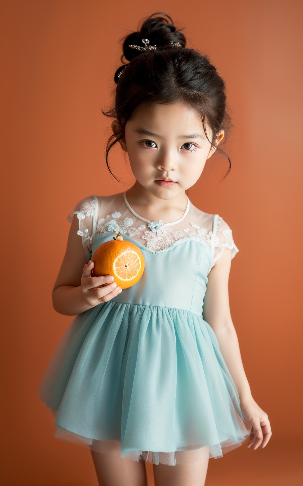 (masterpiece, top quality, best quality, official art, beautiful and aesthetic:1.2),cover art,illustration minimalism,copper and blue and white porcelain background,advertising creativity,a little girl holding an orange on her chest,the little girl is 8 years old,in a cute lace dress,,