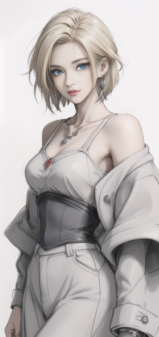 18hao,1girl,solo,blonde hair,blue eyes,earrings,jewelry,short hair,looking at viewer,android 18,<lora:18hao:0.8>,