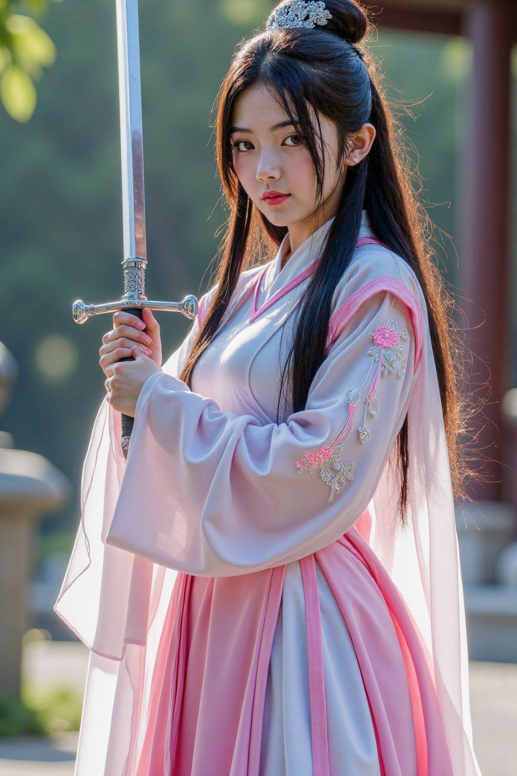 Cinematic photo a photograph of a teenage girl with fair skin and long black hair,fighting pose,large breasts,hand holding a sword,see-through,self-luminous neon armor,science fiction,cyberpunk,robot joints,pink and white hanfu,embroidery,dao robe,transparent cloak,full body,outdoors,