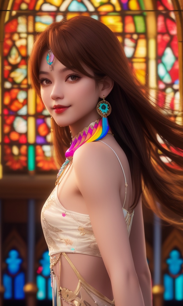 (,1girl, ,best quality, ),looking at viewer, <lora:368-DA-沧元图-柳七月-凤凰变身:0.7>,,ultra detailed background,ultra detailed background,ultra realistic 8k cg,,, (close-up portrait),(upper body:1.22),(realistic:1.11),(Photo-referencing),HDR,Studio Lighting,Soft Lighting, ,, a slender petite little girl,Delicate muscle lines,(Skinny body),(solo:1.5),( looking at viewer:1.22),The white shiny skin, (smirk:1.2),(dynamic pose),(arms behind back),arms at sides, (very long payot),(Absurdly long Brown straight hair:1.22),parted bangs, (floating hair), (jewelry:1.17), necklace, earrings,(colorful:1.27),(stained glass background),(),(()),,