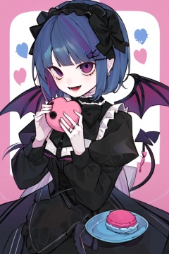 CH, high contrast, 1Girl, solo, looking at the audience, blue blue smile, short hair, open mouth, bangs, black hair accessories, long sleeves, black and red Gothic Lolita, bow, holding, jewelry, headband, food, demon wings, demon tail, Lolita fashion, Gothic Lolita, Lolita headband, macaron, purple background