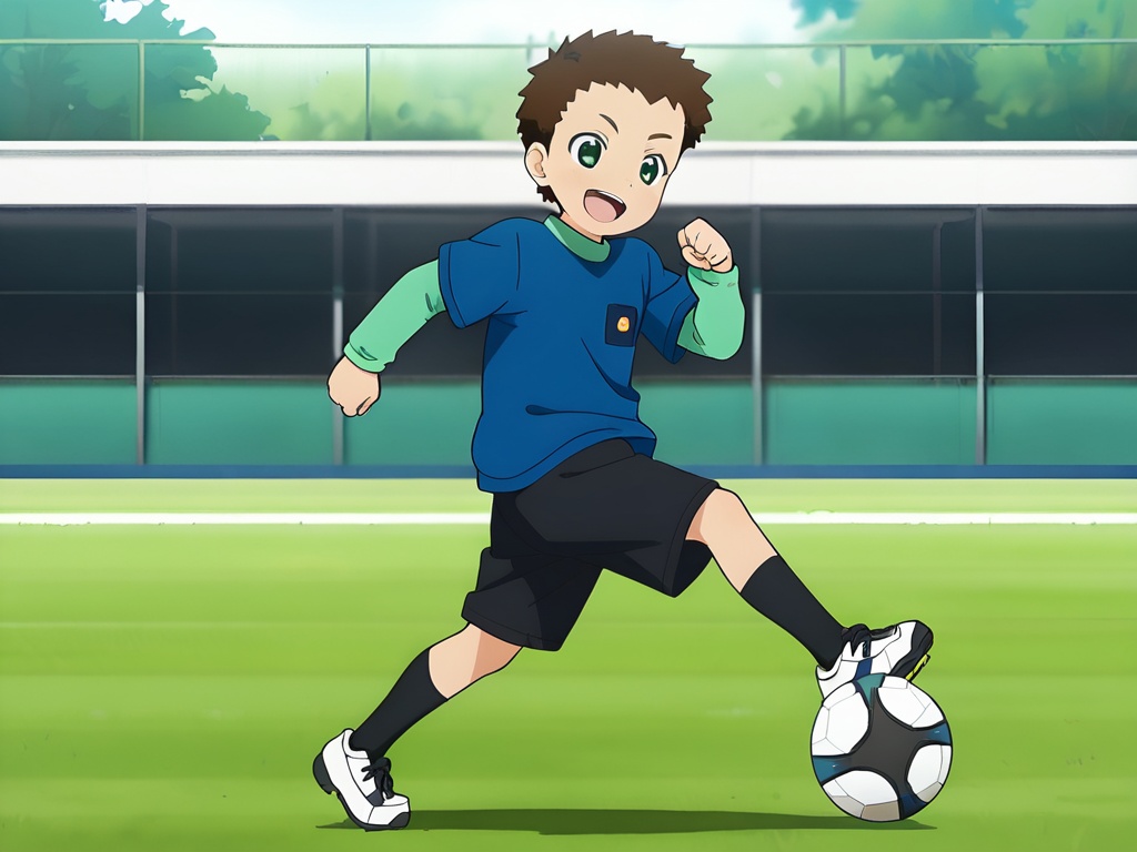 <lora:Ohta_Shou_XL:1>,do not split pictures,best quality,best detail,masterpiece,male focus,outdoors,1boy,male_child,petite,brown hair,dark green eyes,Very short hair,loungewear,football shoes,sport socks,happy,perfect hands,(5fingers:1.3),correct anatomy,soccer ball,kicking soccer ball,huge filesize,available light,front view,depth of field,