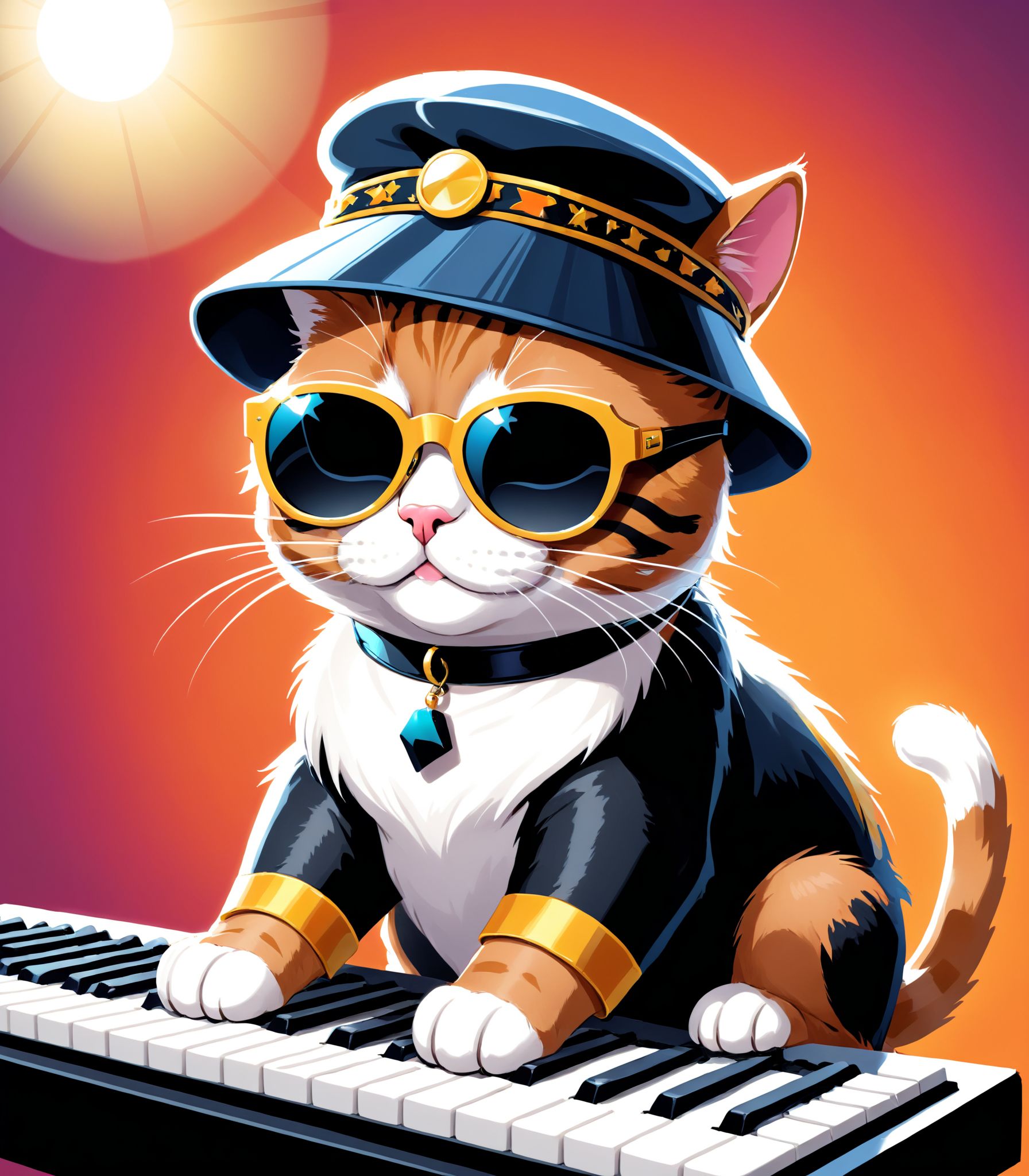 Illustration of a cat cosplaying as Stevie Wonder with sunglasses,  a funky hat,  and a keyboard. The cat should be depict...