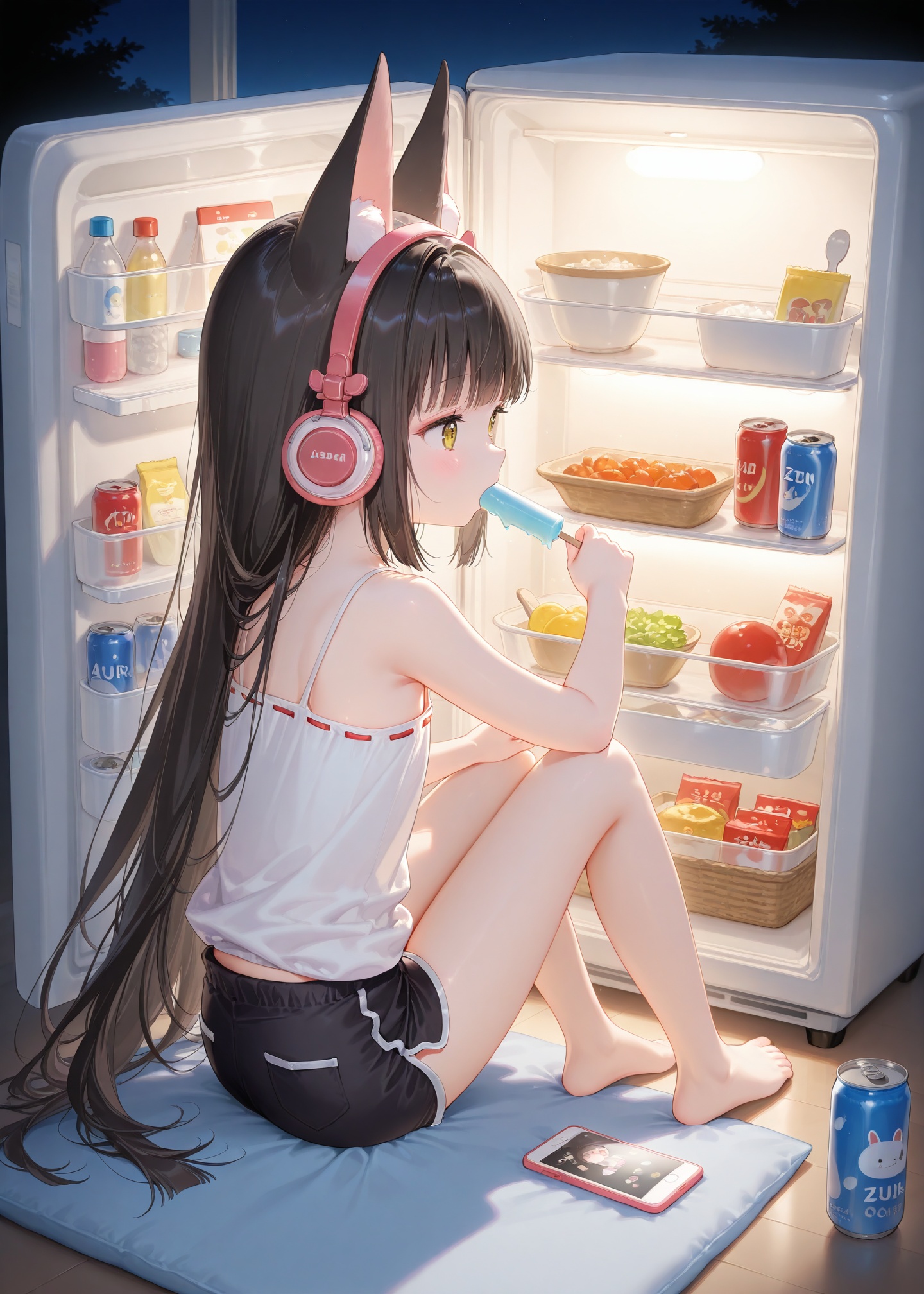 female child,petite,cute,kawai,little girl,kid,underage,aged_down,loli,masterpiece,best quality,high quality,chromatic_aberration,night,//,1girl,solo,sitting,food,shorts,barefoot,indoors,feet,headphones,phone,black shorts,cellphone,**** top,popsicle,can,refrigerator,nagato (azur lane),nagato_/(azur_lane/),//,(artist:tokkyu:0.5),(artist:momoko \(momopoco\):0.5),(artist:ask \(askzy\):0.5),(artist:yuyumu:0.4),(artist:dsmile:0.5),(artist:atdan:0.5),(artist:mignon:0.5),(Artist:yunsang,gomzi:0.7),year_2023,year_2024,year_2025,