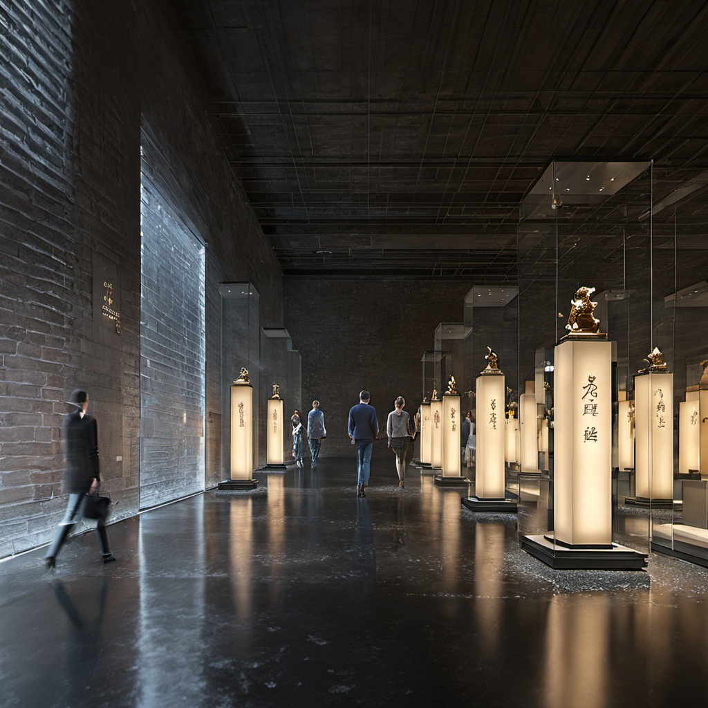 BOWUGUANkongjian,Array of square glass displays, sculptures, people, gray brick walls, dark floors, dark Spaces, masterpiece,High quality,4K,professional lighting,VRAY rendering<lora:BWG (8):0.8>