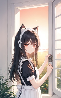 finely detail,Depth of field,(((masterpiece))),((extremely detailed CG unity 8k wallpaper)),best quality,high-resolution illustration,Amazing,intricate detail,(best illumination, best shadow, an extremely delicate and beautiful),1girl,bleeding dawn,reddish sun,early dawn,animal ears,fake animal ears,maid,solo,upper body,side to viewer,standing at a window,opening windows,hands opening window,looking out of the window,cat ears,long hair,black hair,plant vegetation decoration,daylight,sunshine,tno,coldwar aestheticism,artist rohu,