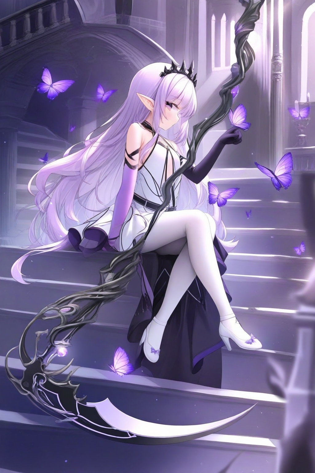 1girl, asymmetrical gloves, black tiara, breasts, bug, butterfly, butterfly on hand, closed mouth, dress, elbow gloves, full body, gloves, hand to weapon, high heels, legwear cutout, long hair, looking at viewer, pantyhose, pointy ears, purple butterfly, purple eyes, purple gloves, purple hair, scythe, shoes, sideways glance, sitting, solo, stairs, tiara, uneven gloves, very long hair, weapon, white dress, white pantyhose, white shoes <lora:ch_p-000021:1>
