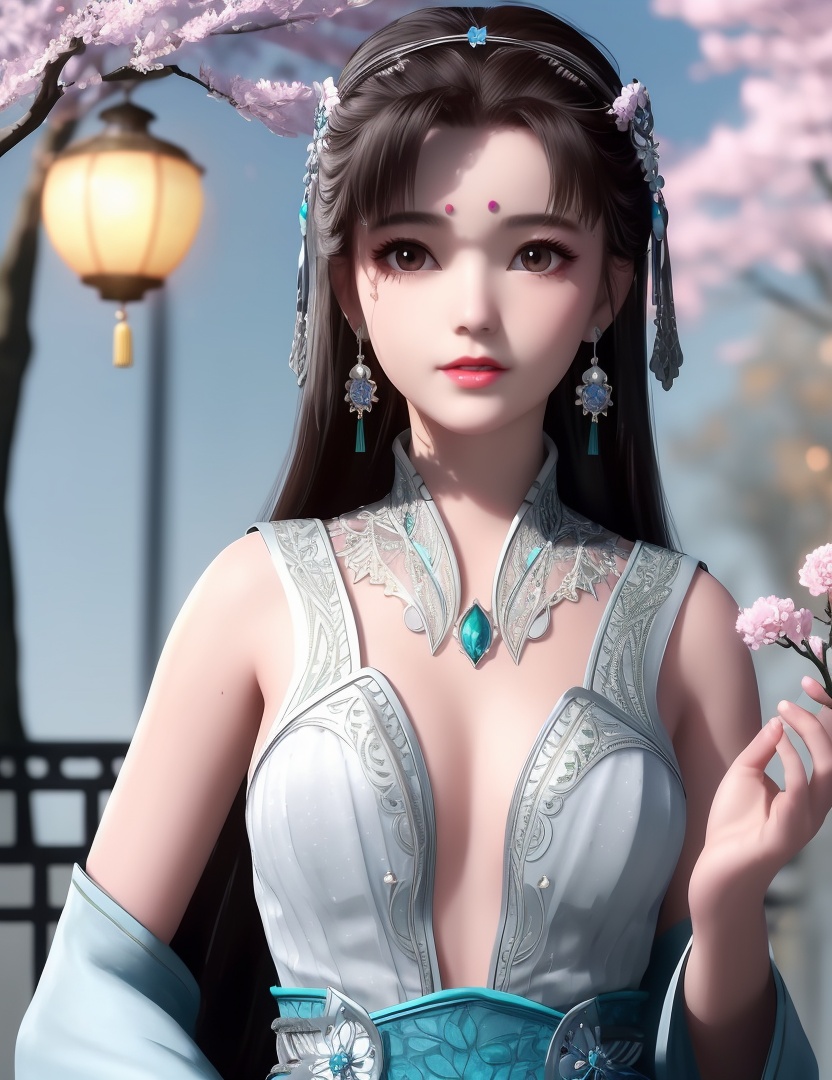 ultra realistic 8k cg, picture-perfect face, flawless, clean, masterpiece, professional artwork, famous artwork, cinematic lighting, cinematic bloom, perfect face, beautiful face, fantasy, dreamlike, unreal, science fiction,  beautiful clothes, lace, lace trim, lace-trimmed legwear,  (rich:1.4), prestige, luxury, jewelry, diamond, gold, pearl, gem, sapphire, ruby, emerald, intricate detail, delicate pattern, charming, alluring, seductive, erotic, enchanting, hair ornament, necklace, earrings, bracelet, armlet,halo((,1girl, ,))(((,teenage,full moon,lantern, cherry blossoms, 1girl, tree, spring_\(season\), solo, black_hair,chinese clothes,looking at viewer, upper body, ))) <lora:DA_LanLingEr:0.6>