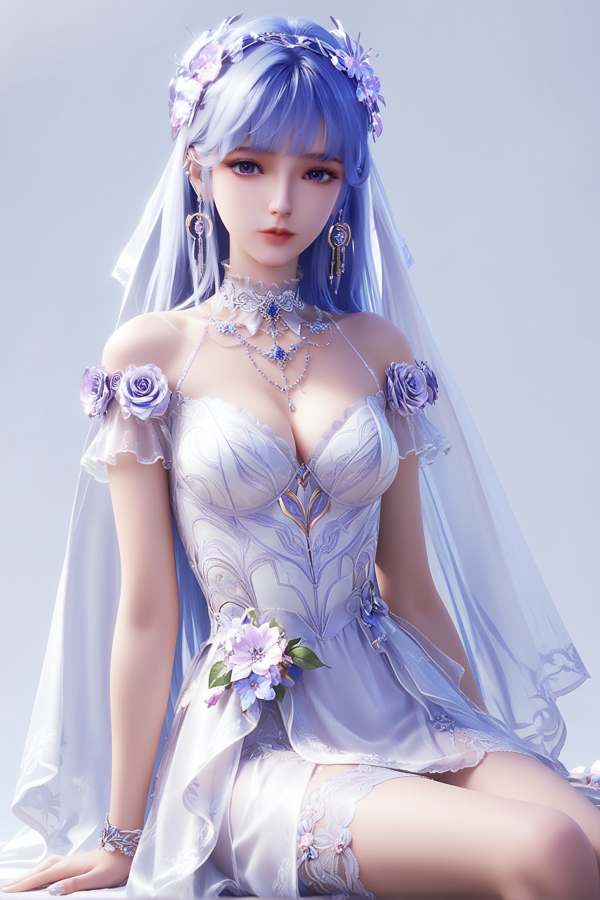 score_9,score_8_up,score_7_up,<lora:wy_shengcaier_hs_XL7.0:0.8>,1girl,long hair,breast,medium breast,earrings,hair_ornament,dress,blue hair,purple eyes,wedding_dress,simple background,white_background,wetting,dark,thick_thighs,sitting,