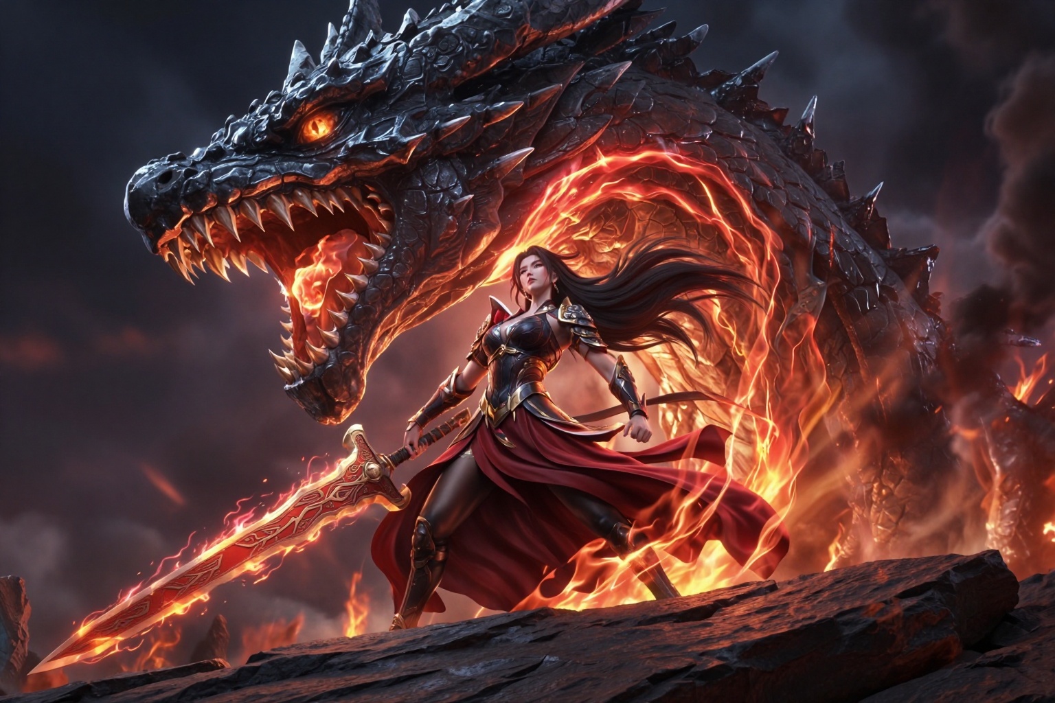 YY Anime style,CG,a fierce female warrior standing on a rocky ledge with a massive, roaring dragon behind her. The dragon has dark, scaly skin, glowing orange eyes, and sharp, menacing teeth. Its large mouth is open, revealing bright red, fiery breath that snakes around the warrior. The warrior has long, black hair flowing in the wind, and she wears a dark, armored corset with gold accents, and a red, flowing skirt. Her left arm is covered in black armor, and she holds a large, red, flaming sword with intricate designs in her right hand. The background is a dark, stormy sky with red and orange flames and smoke. The camera angle is slightly low, looking up at the warrior and the dragon, emphasizing their dominance and power. The texture of the dragon's scales is detailed and realistic, while the flames have a dynamic, almost liquid quality. The overall style is dark fantasy, with a dramatic, high-contrast color palette dominated by blacks, reds, and oranges. The composition and lighting create a sense of intensity and danger, highlighting the warrior's strength and the dragon's ferocity.
