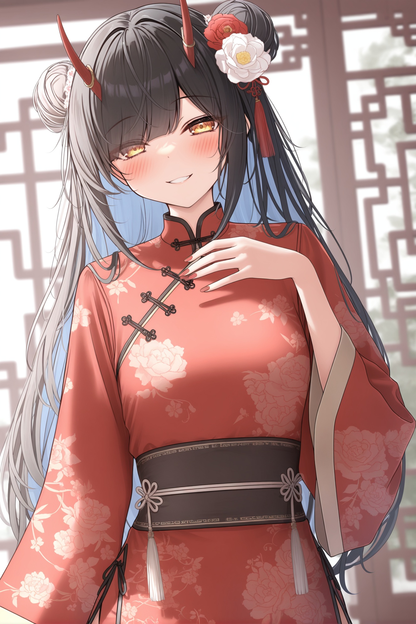 Monaka Curl,Cool, Cute, 1girl, solo, hair ornament, long hair, flower, black hair, looking at viewer, hair flower, chinese clothes, horns, smile, long sleeves, dress, white flower, wide sleeves, red dress, sash, red nails, upper body, hand up, colored inner hair, red flower, blush, blue hair, parted lips, china dress, nail polish, floral print, hair bun