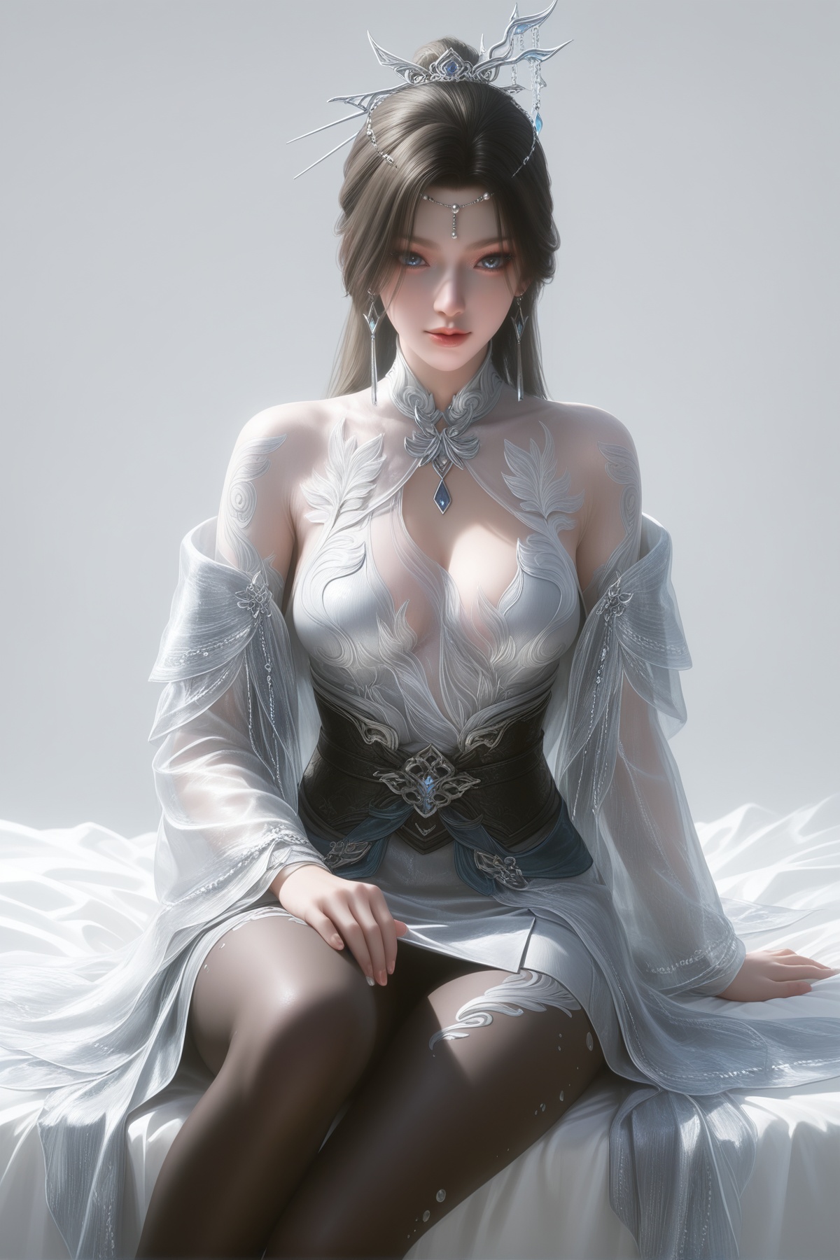 masterpiece,best quality,realistic,cinematic,detail eyes,(ultra-detailed),perfect composition,intricate details,absurdres,detailed face,high quality,high res,8K,<lora:X_nangongxianer_IL3.0:0.8>,black hair,brown hair,blue eyes,1girl,long hair,breast,medium breast,hair_ornament,dress,black pantyhose,sitting,simple background,white_background,bed,