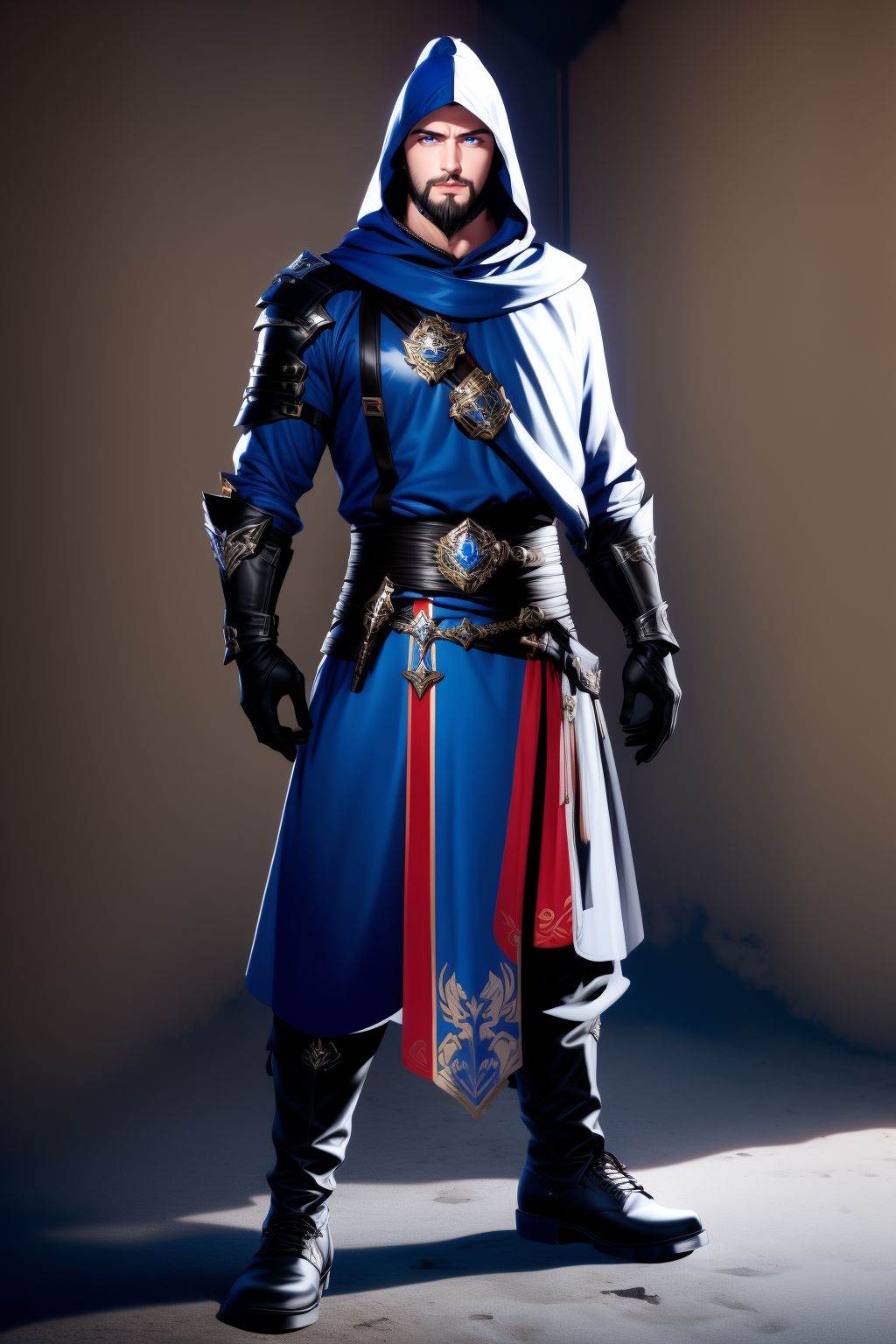 <lora:20250501_AgainGameCharacterLora:1>, 1boy, solo, male focus, hood, boots, facial hair, gloves, full body, standing, belt, vambraces, hood up, beard, looking at viewer, armor, pants, gauntlets, black footwear, blue eyes, sash