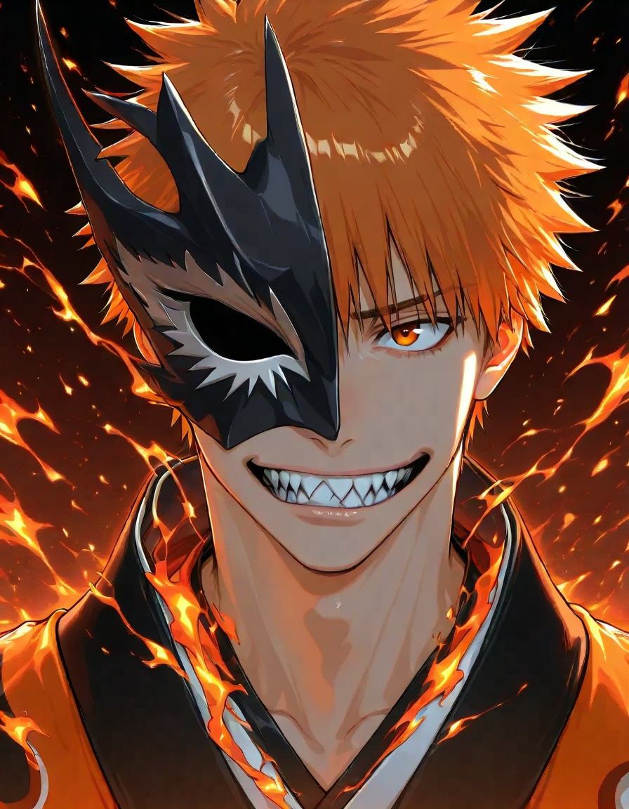 score 9,score 8 up,score 7 up, a character with vibrant orange hair, half of his face covered by a metallic mask with a hollow eye socket and sharp teeth. the mask appears to be made of a silver or gray material. the character's eyes are intense, and he is wearing a dark outfit with a collar. the background is filled with fiery orange and red hues, suggesting a scene of intensity or conflict.,1boy,male focus,solo,mask,looking at viewer,orange hair,orange eyes,portrait,half mask,spiked hair,short hair,closed mouth,close-up,brown eyes,serious,embers,japanese clothes,realistic,lips,kurosaki ichigo