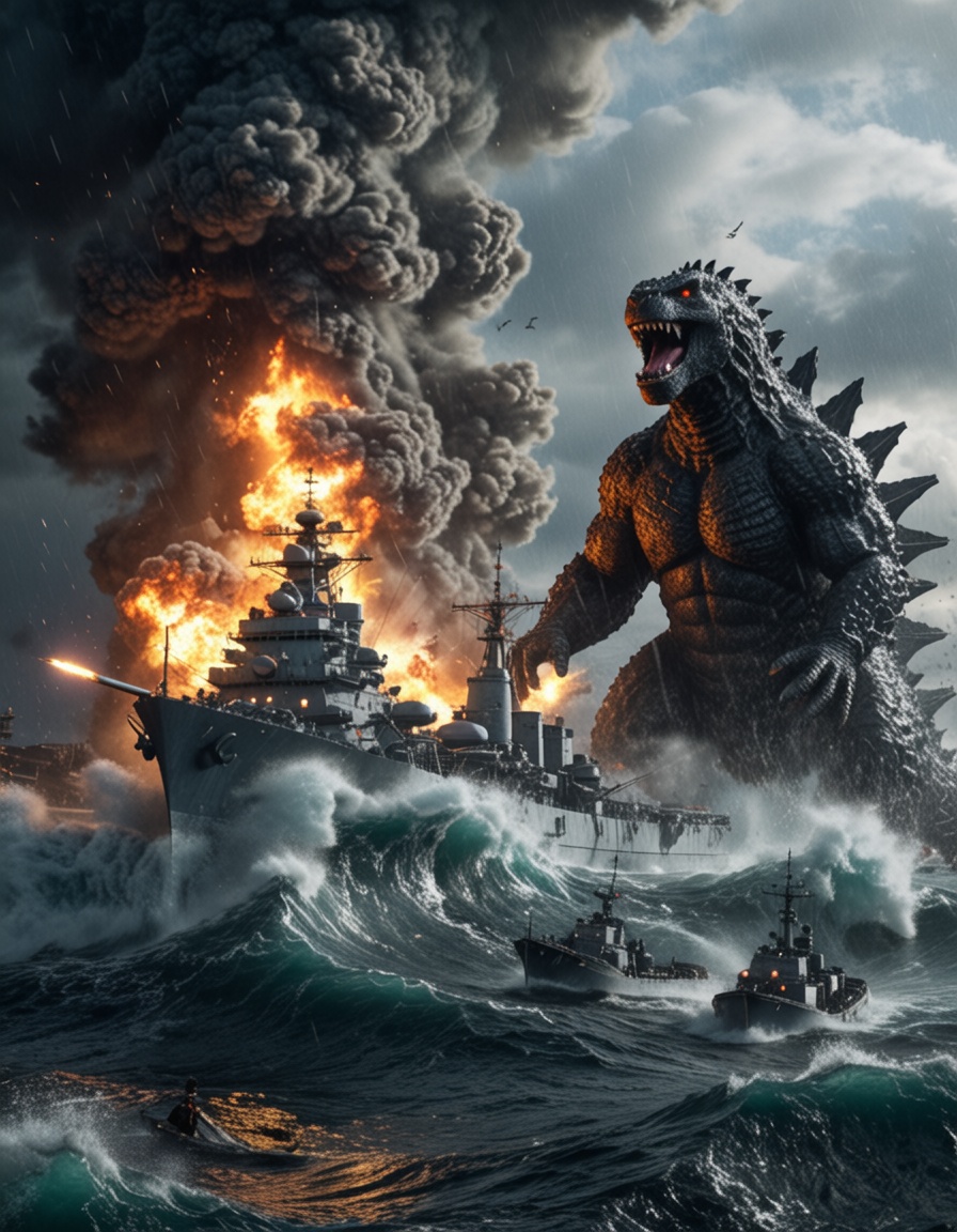 godzilla is attacking a battleship that is firing cannons agaisnt it,  high sea,  turbulent sea on Tensor.Art