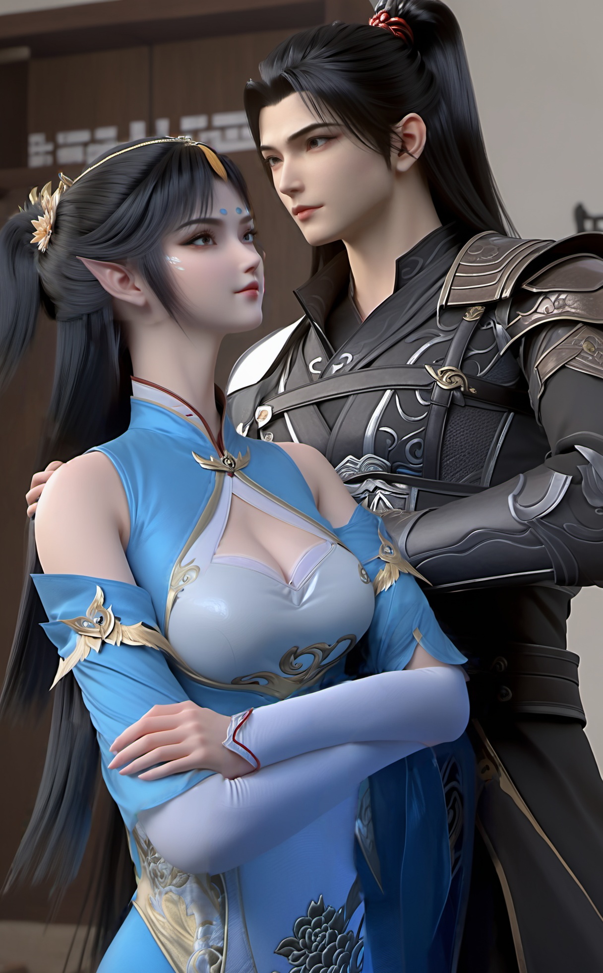 professional 3d model front view of Sean with long black hair in a high ponytail wearing a Black Hunter-Sui and  black suit ,hugging,front view of a girl with long black hair wearing  white Traditional-cheongsam,upper body,<lora:DPCQ-2P-Sean&Fuqia>, . octane render, highly detailed, volumetric, dramatic lighting