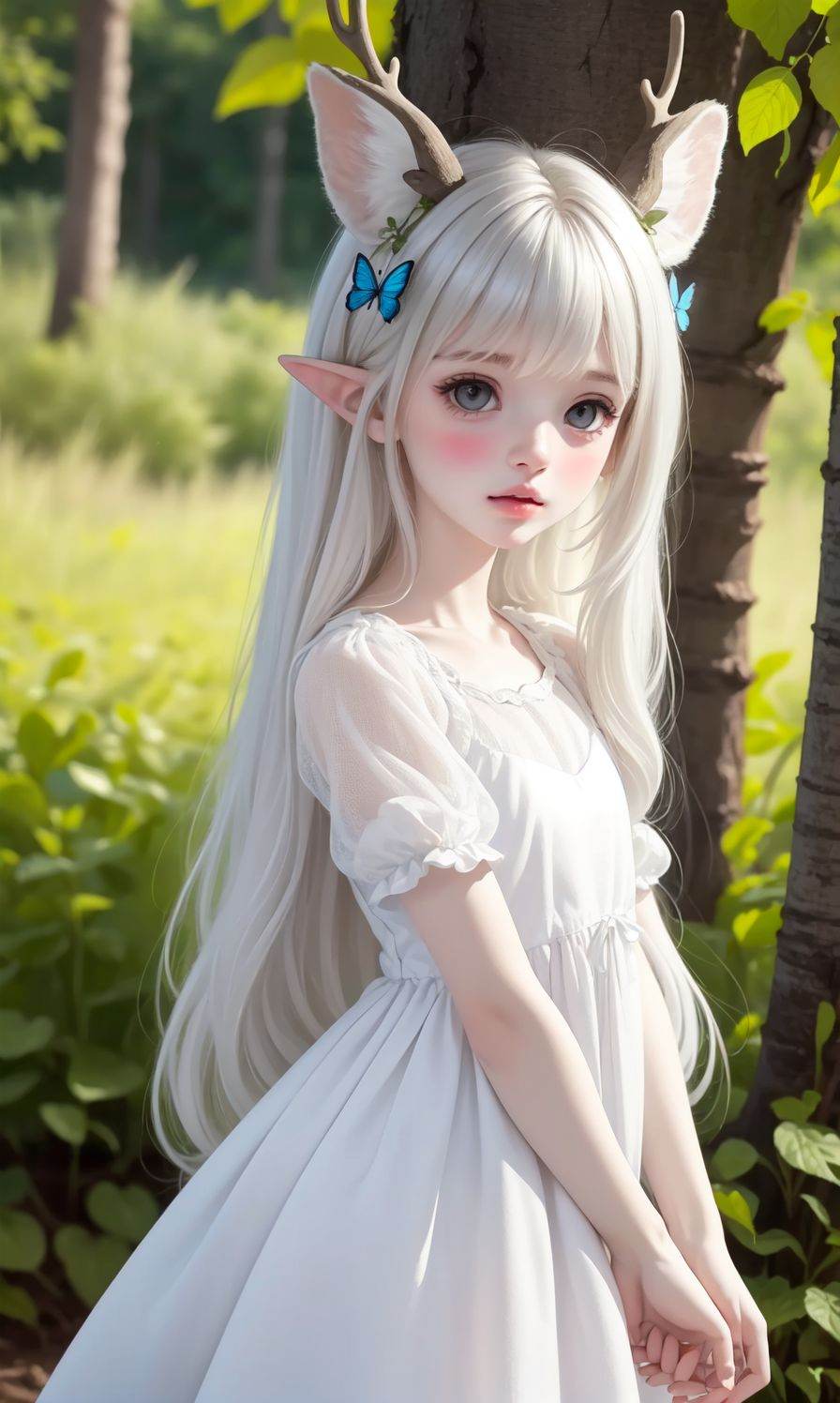 (Masterpiece:1.2), (best quality:1.2), (ultra high resolution:1.2), 1girl, solo, bug, butterfly, pointy ears, outdoors, dress, blush, long hair, looking at viewer, white dress, day, blurry, blurry background, antlers, long sleeves, bangs, depth of field, nature, parted lips, deer ears, white hair, standing, grey eyes, short sleeves, forest, closed mouth, tree, lips, <lora:doll:0.5>